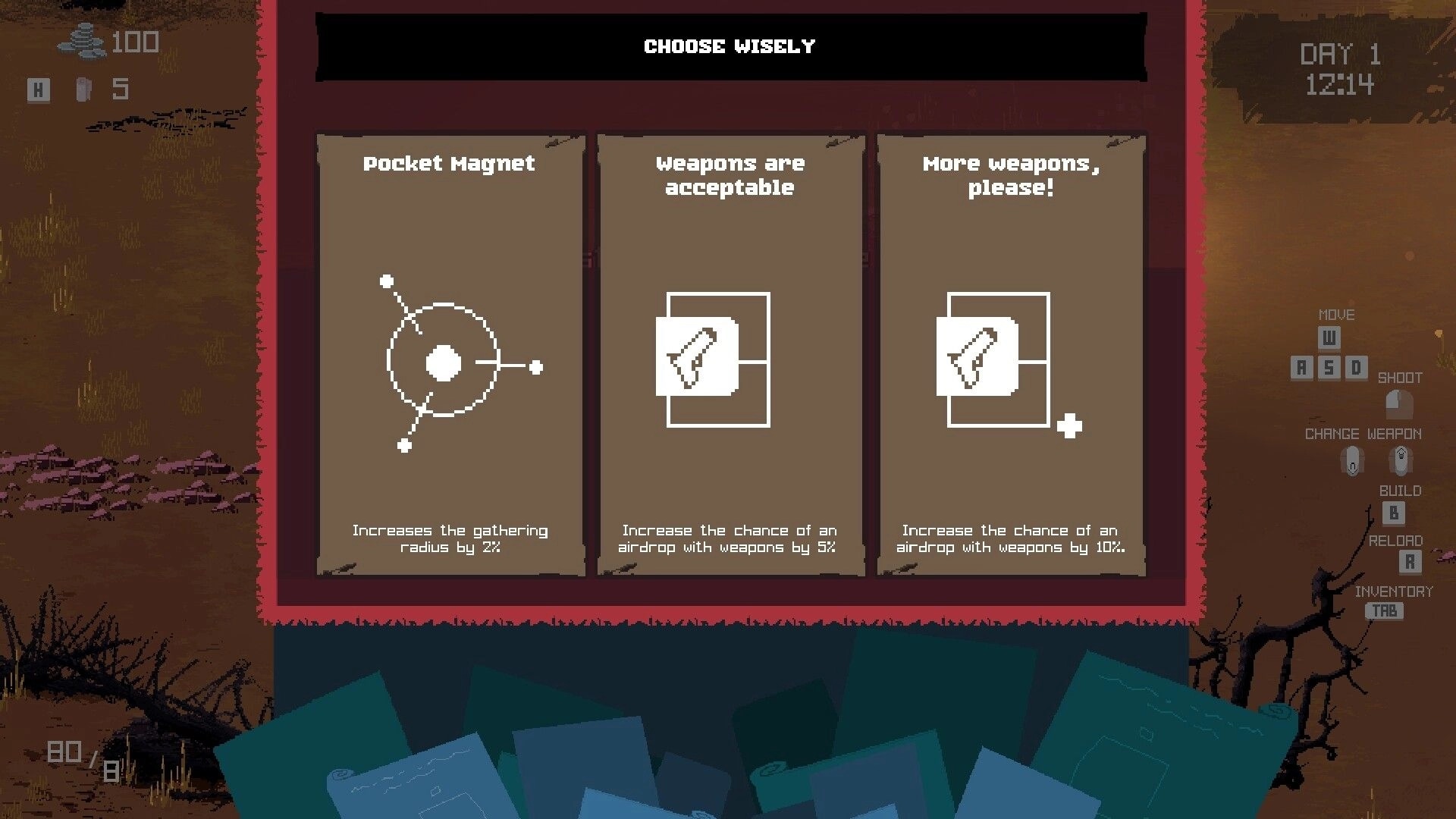 Ashes Remember Us: Upgrade selection screen with options for weapon and resource enhancements displayed.