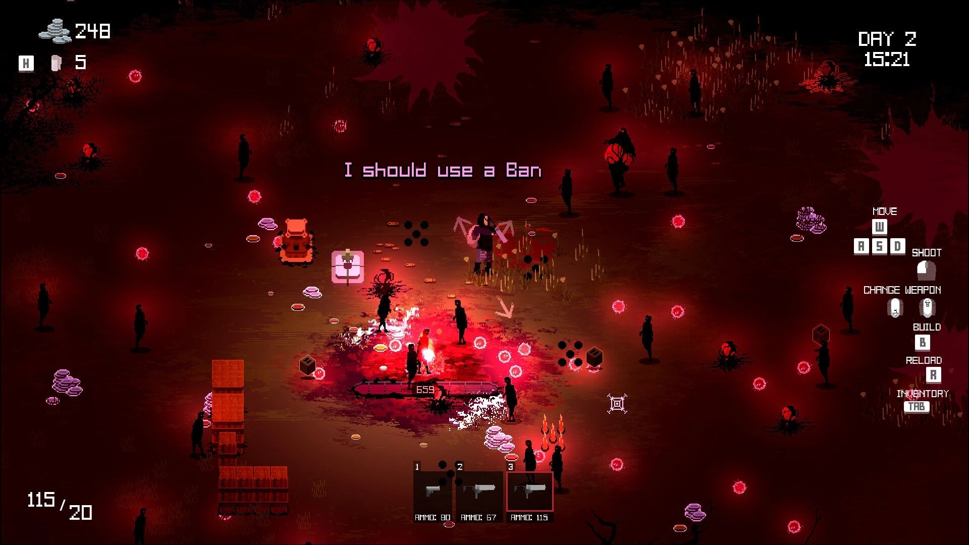 Ashes Remember Us: Player character defends fire from mutant horde in dark, red-tinted battlefield.