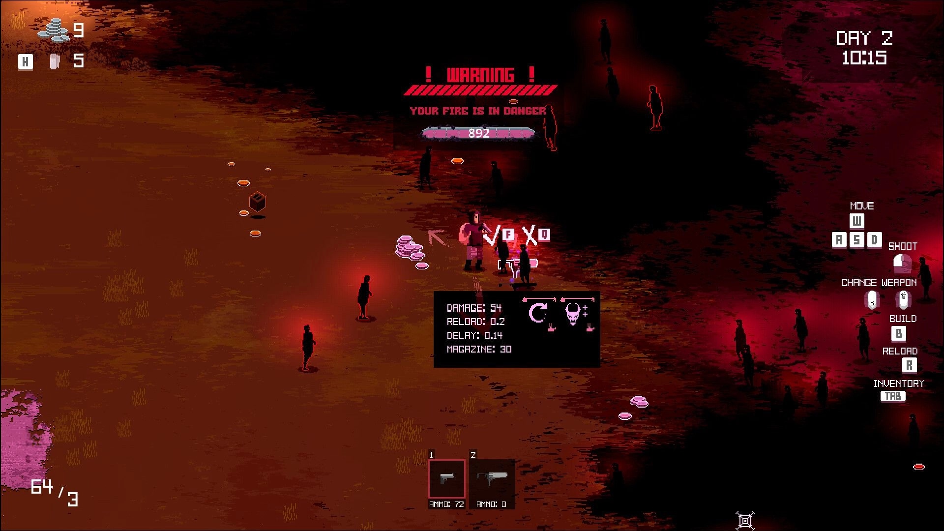 Ashes Remember Us: Player in combat mode with UI details, warning alert, and weapon stats displayed