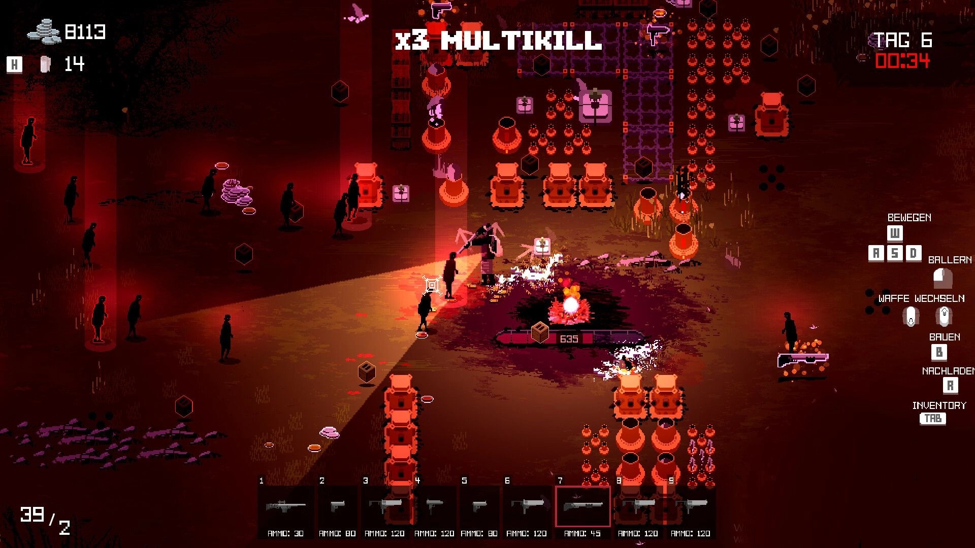 Ashes Remember Us: Player defends against mutants with traps and weapons in a dark, ominous red arena.