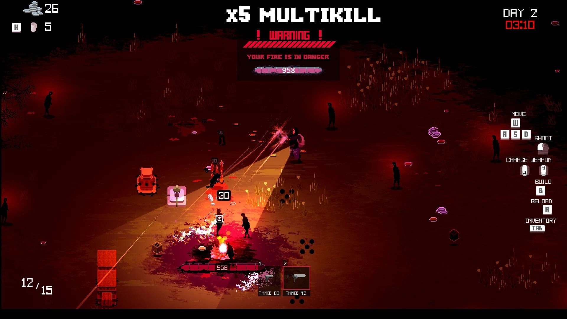 Ashes Remember Us: Player defends fire against mutants with traps and weapons in dark, ominous field.