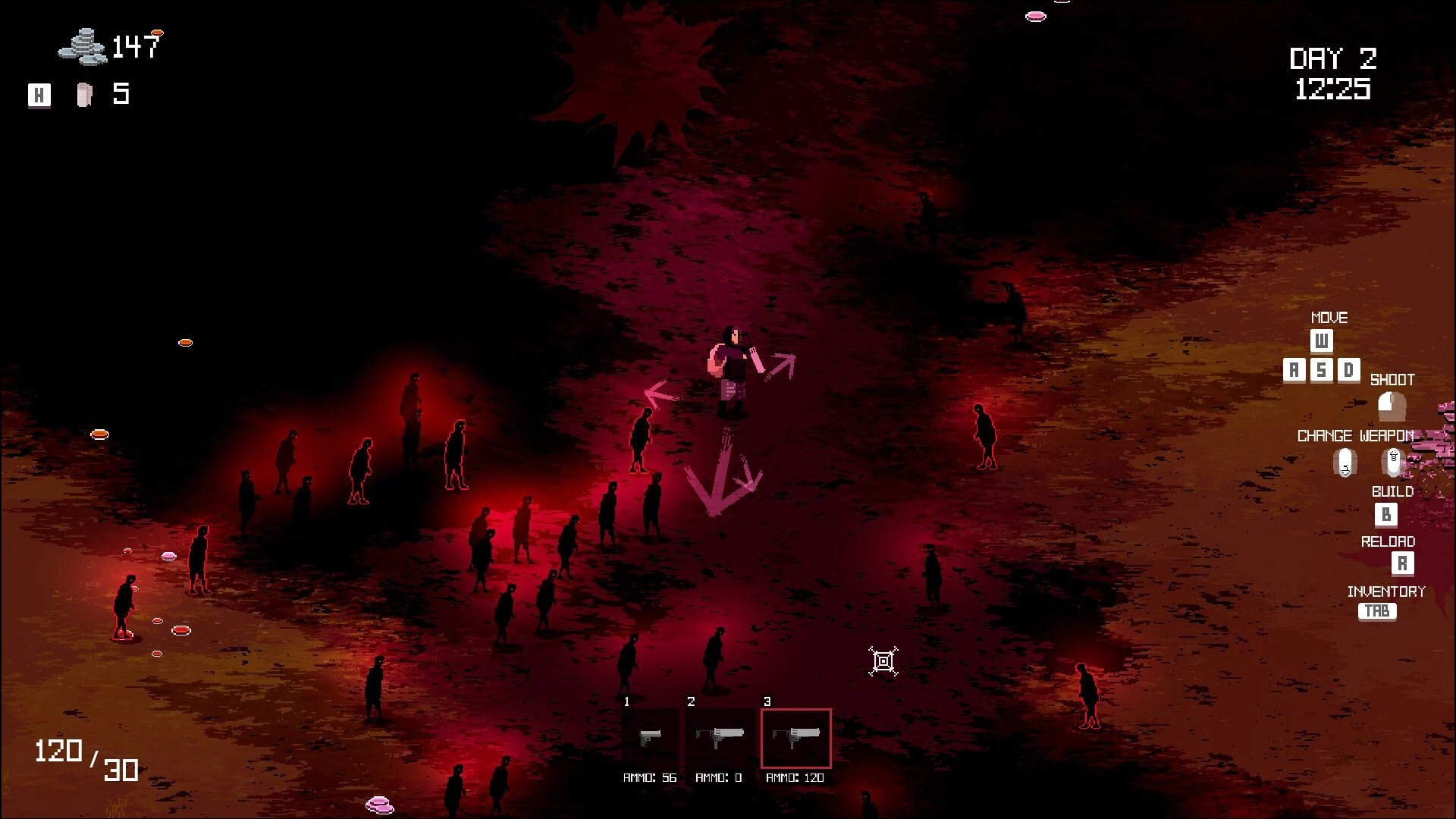 Ashes Remember Us: Player surrounded by mutants on a dark battlefield with HUD and control prompts visible.