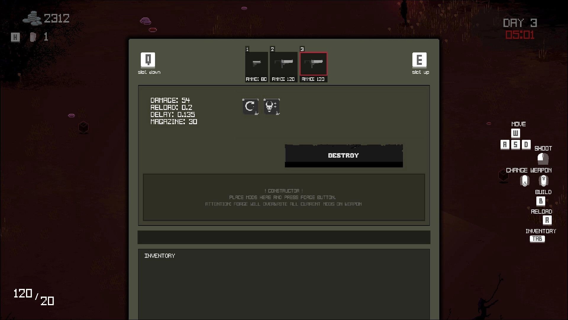 Ashes Remember Us: Weapon inventory screen showing stats and controls in a dark, ominous environment.