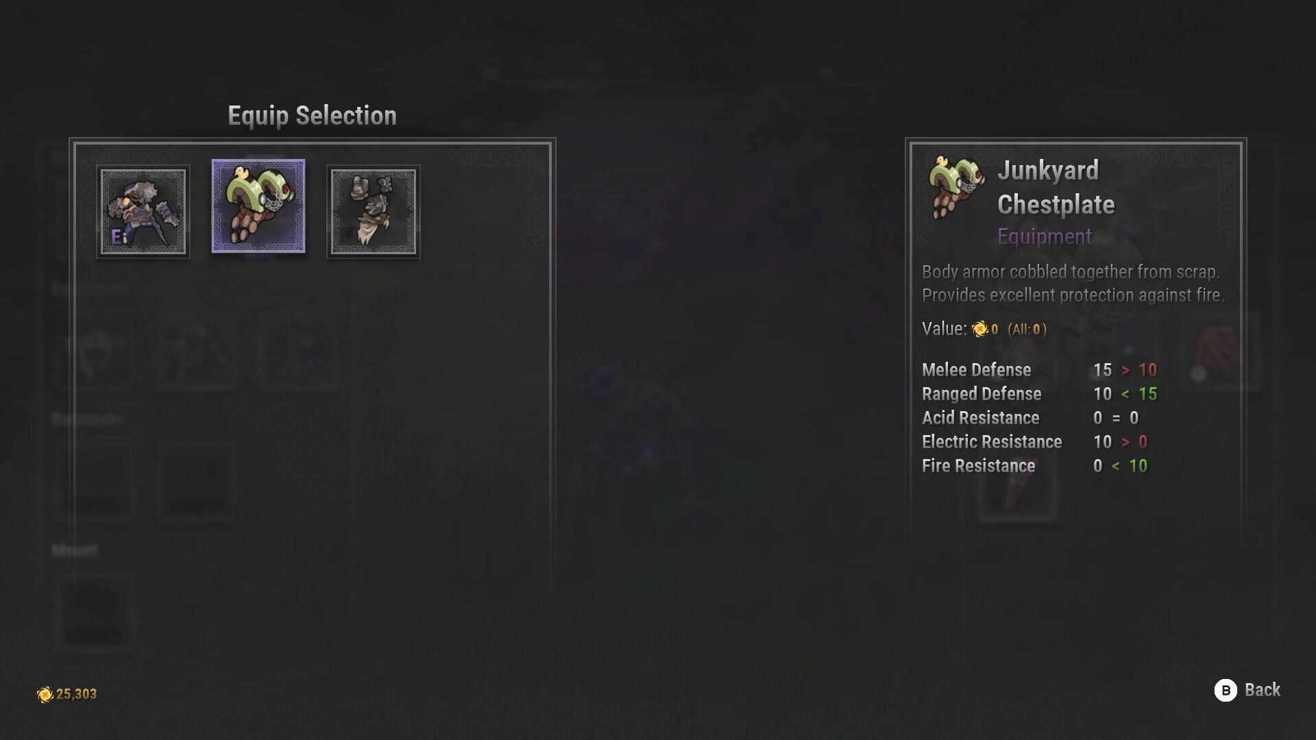 ASHGARD: Equip Selection menu highlighting Junkyard Chestplate with defense and resistance stats panel.