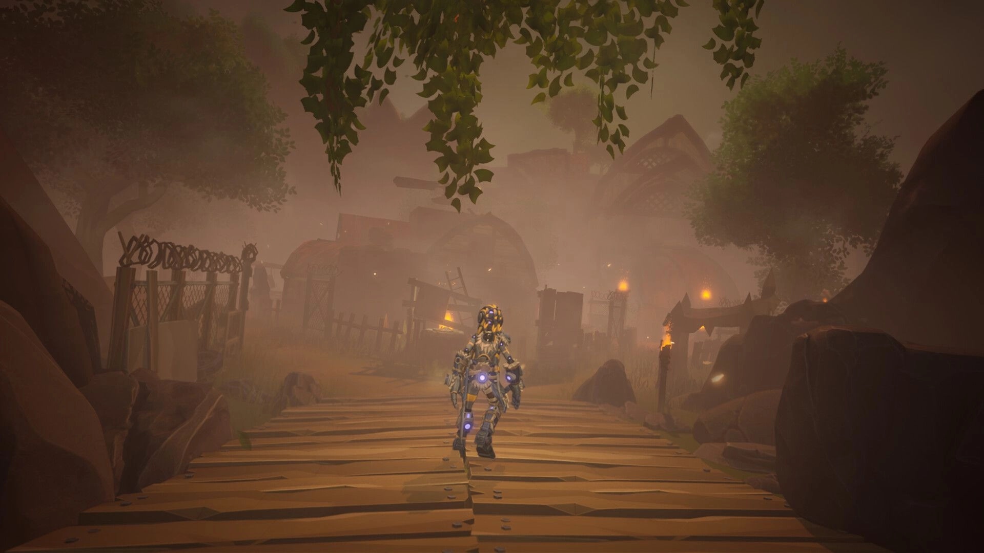 ASHGARD: Armored android walks along wooden bridge toward foggy camp with torches and fences.