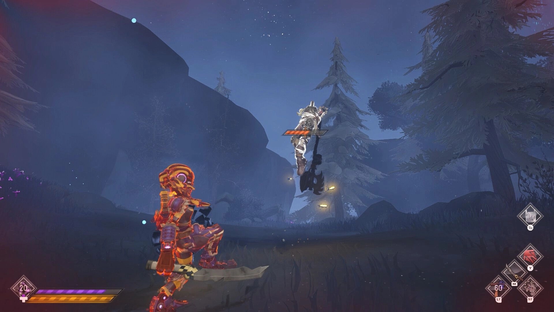 ASHGARD: Armored fighter aims at a hovering enemy with health bar in a misty pine forest ravine.