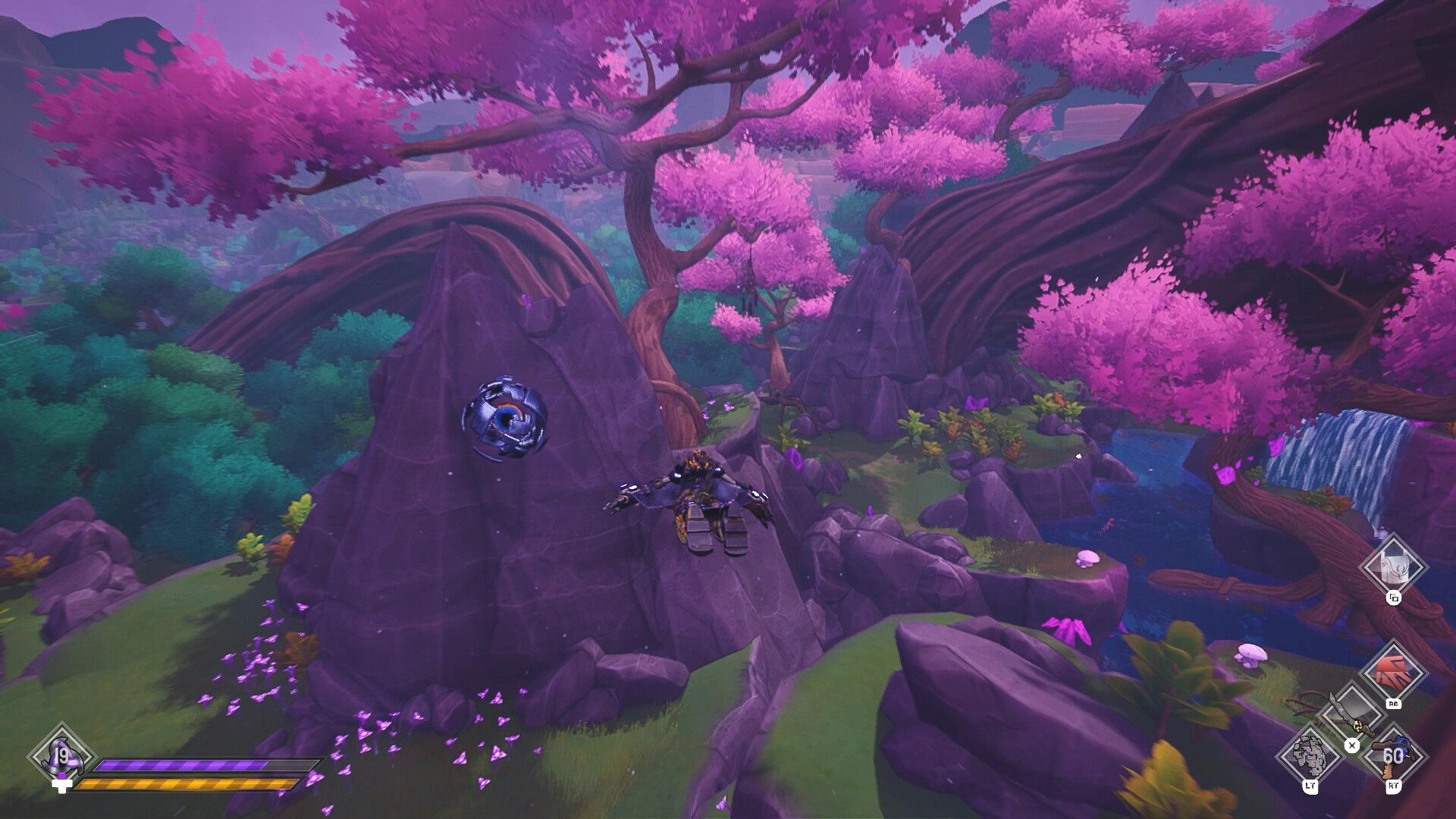 ASHGARD: Android glides past a hovering drone over rocky cliffs in a pink forest valley by a river.