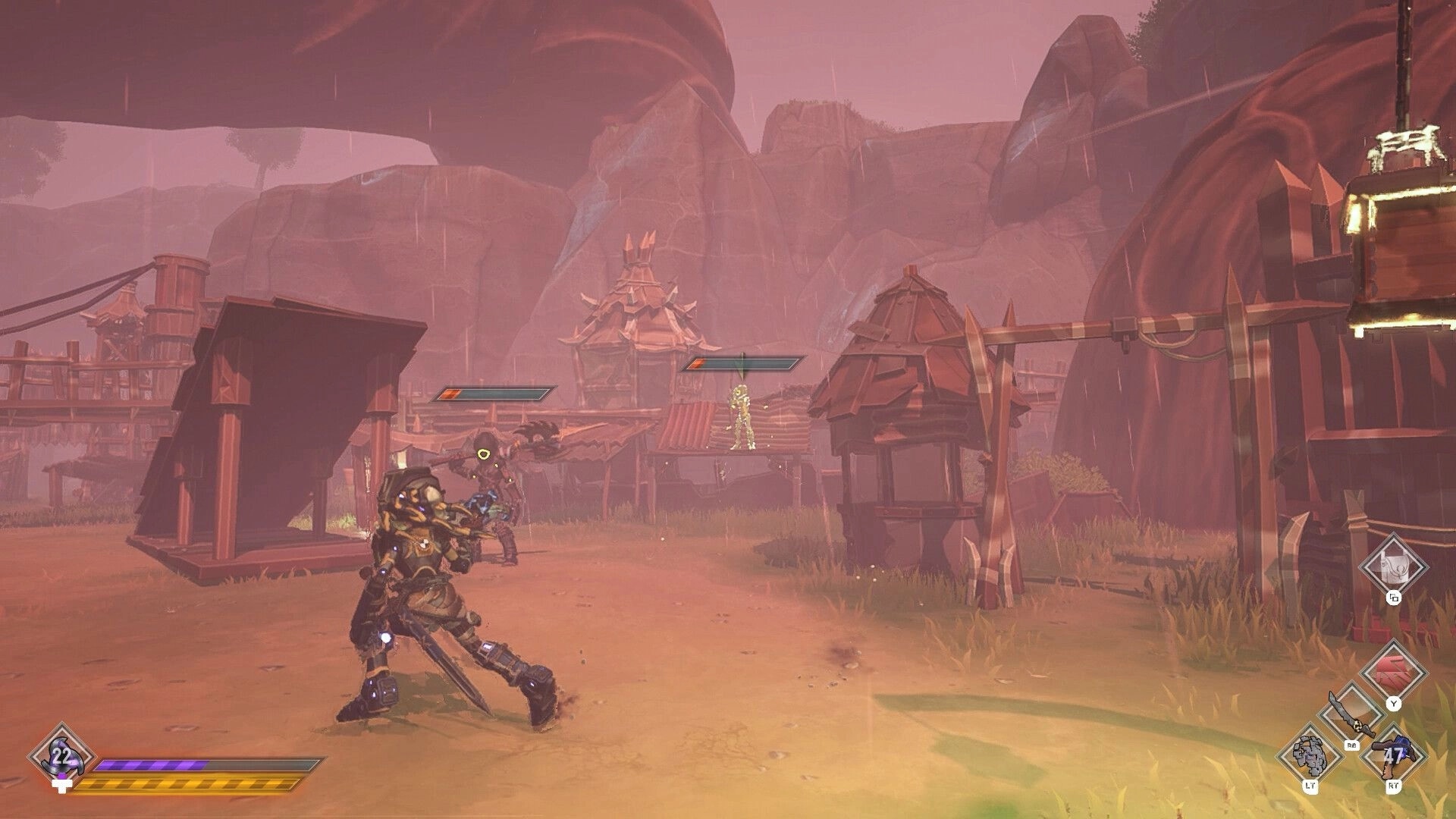 ASHGARD: Player aims a rifle at enemies with health bars in a rainy canyon outpost with huts.