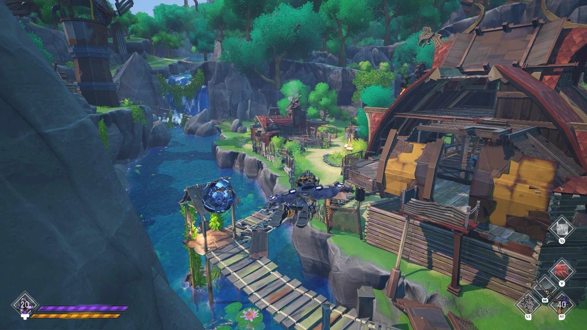 ASHGARD: Gliding over a river bridge past a broken hangar and blue orb platform in lush canyon village.