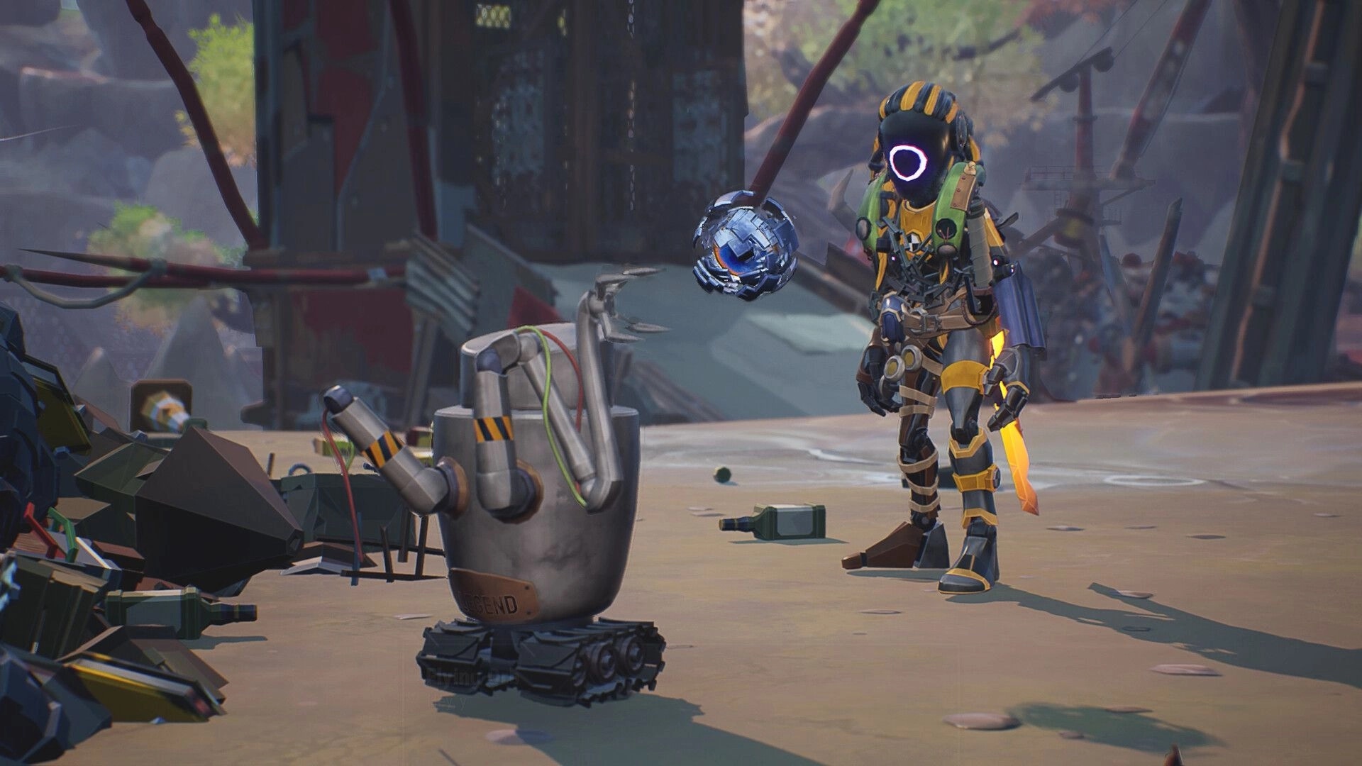 ASHGARD: Armored android stands near a small tracked robot and hovering orb in a scrapyard ruins area.