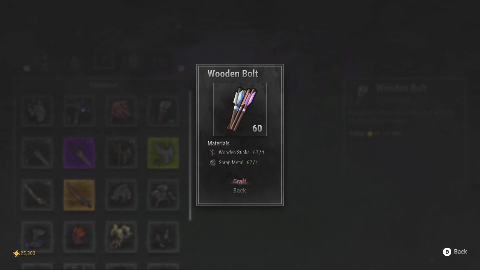 ASHGARD: Crafting menu highlighting Wooden Bolt with materials list and item grid in dark UI backdrop.