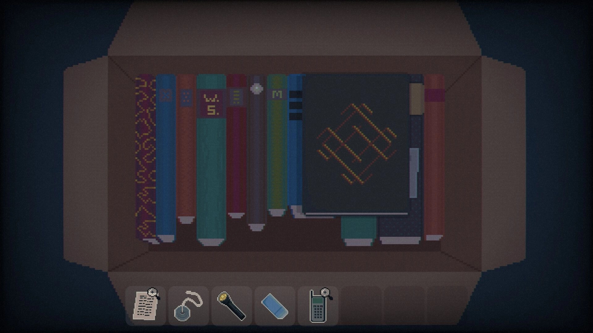 Ashwood Conspiracy: Box of colorful books with a mysterious symbol, inventory icons at the bottom