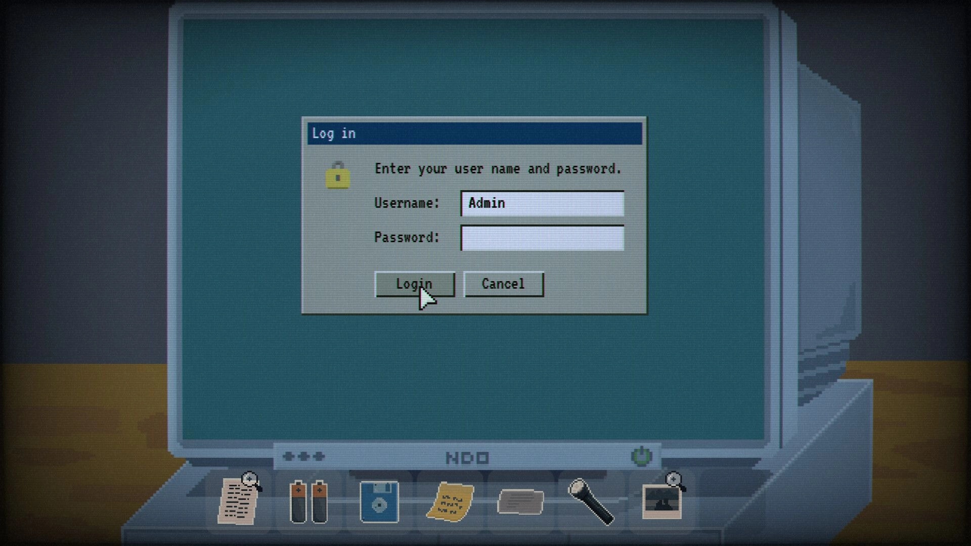 Ashwood Conspiracy: Computer login screen with "Admin" username and inventory icons at the bottom.