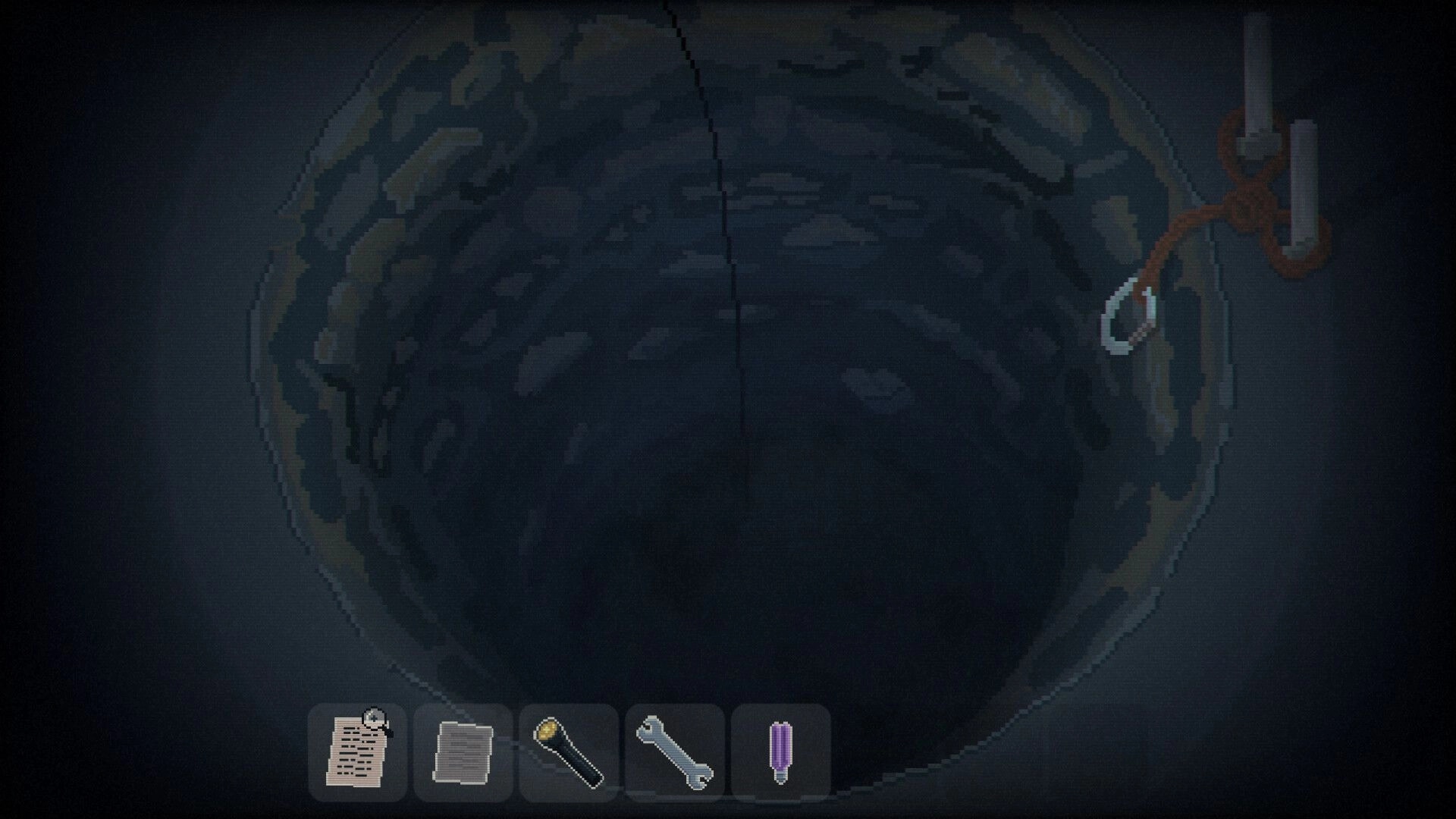 Ashwood Conspiracy: Inventory menu with rope and hook over a deep well in a dark, mysterious setting