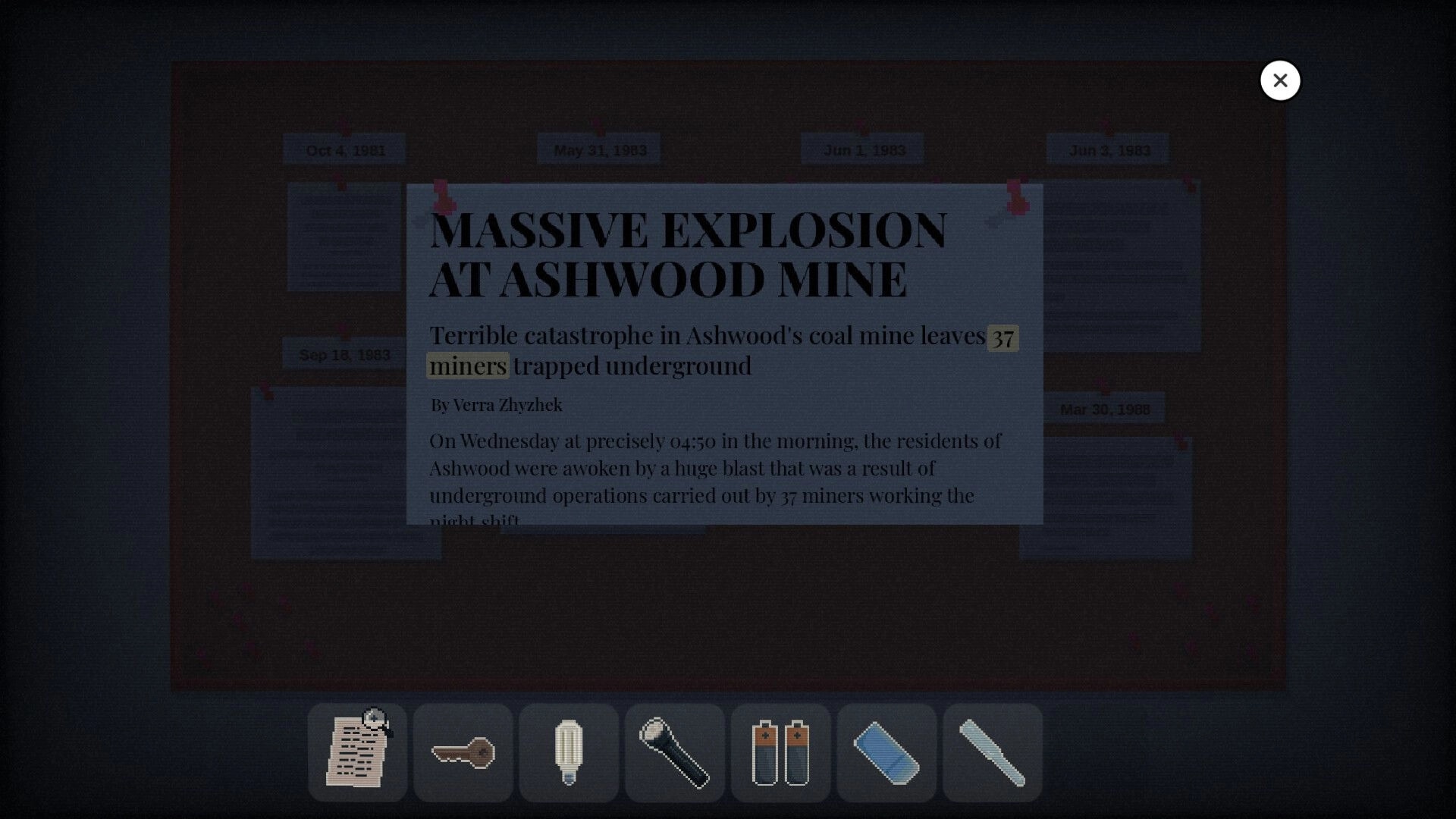 Ashwood Conspiracy: Newspaper headline about mine explosion with inventory icons at bottom of screen