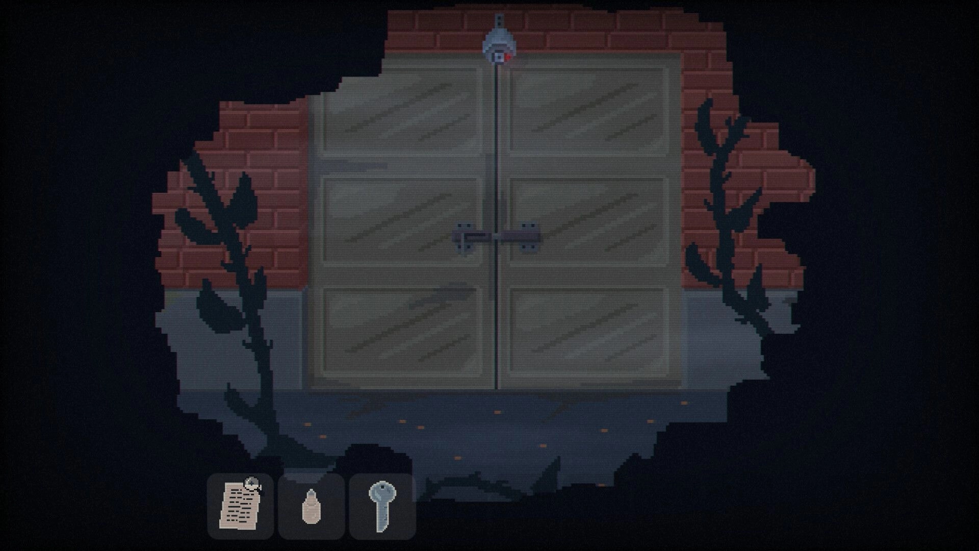 Ashwood Conspiracy: Metal garage door with padlock, inventory items visible below in a dark alleyway