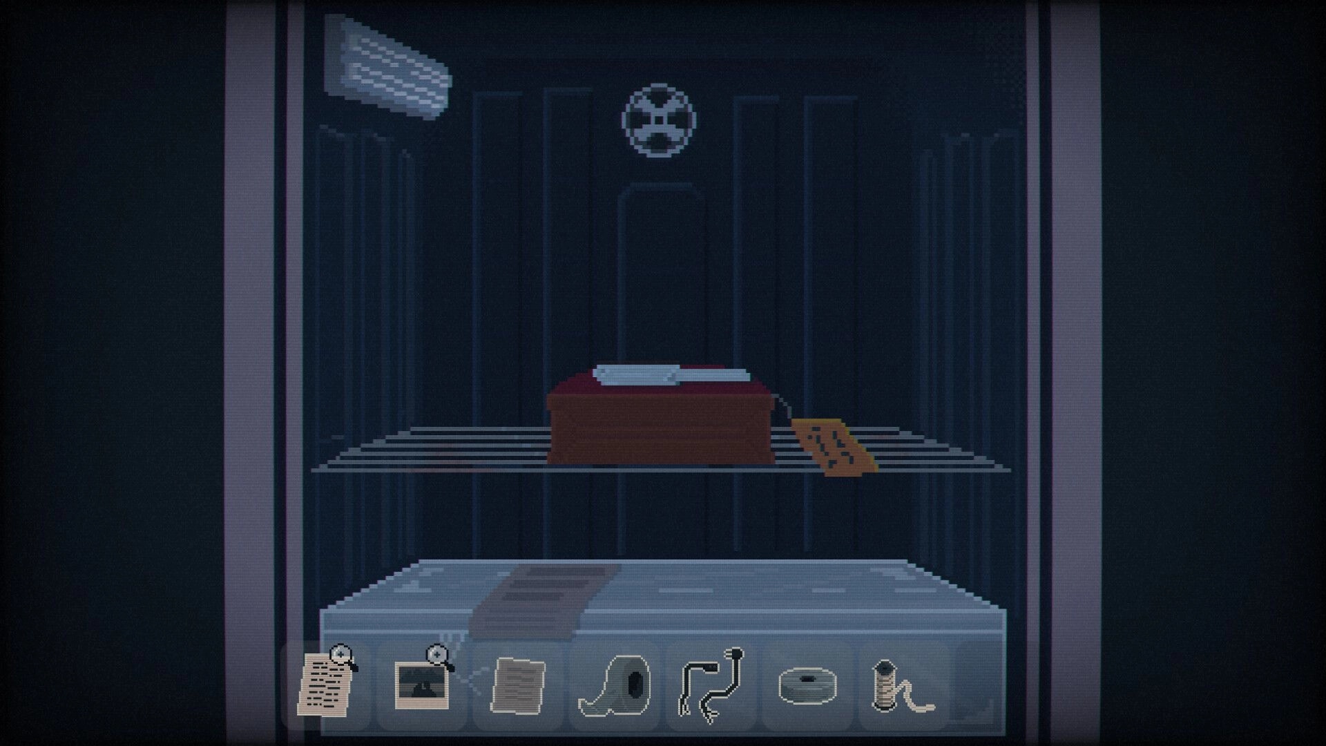 Ashwood Conspiracy: Inventory HUD with items below a dimly lit morgue drawer holding a tagged box