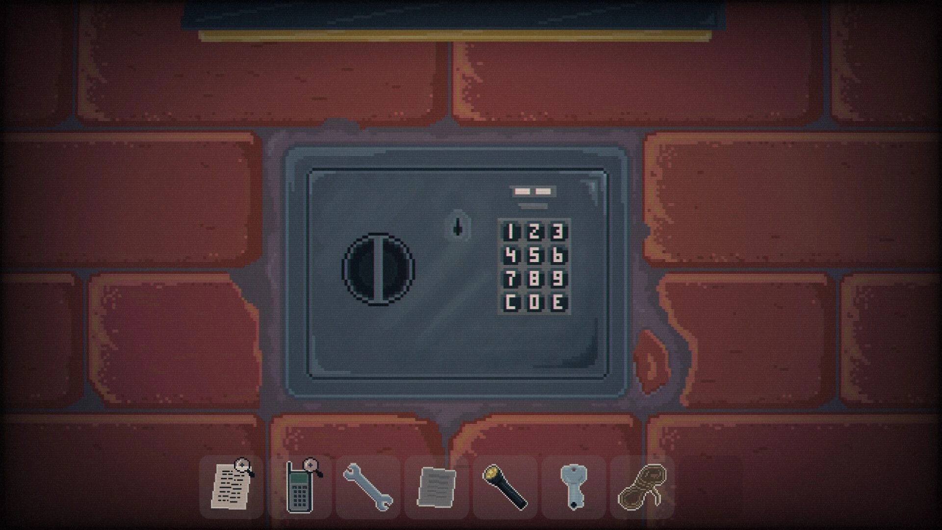 Ashwood Conspiracy: Safe puzzle with keypad on brick wall, inventory items displayed below