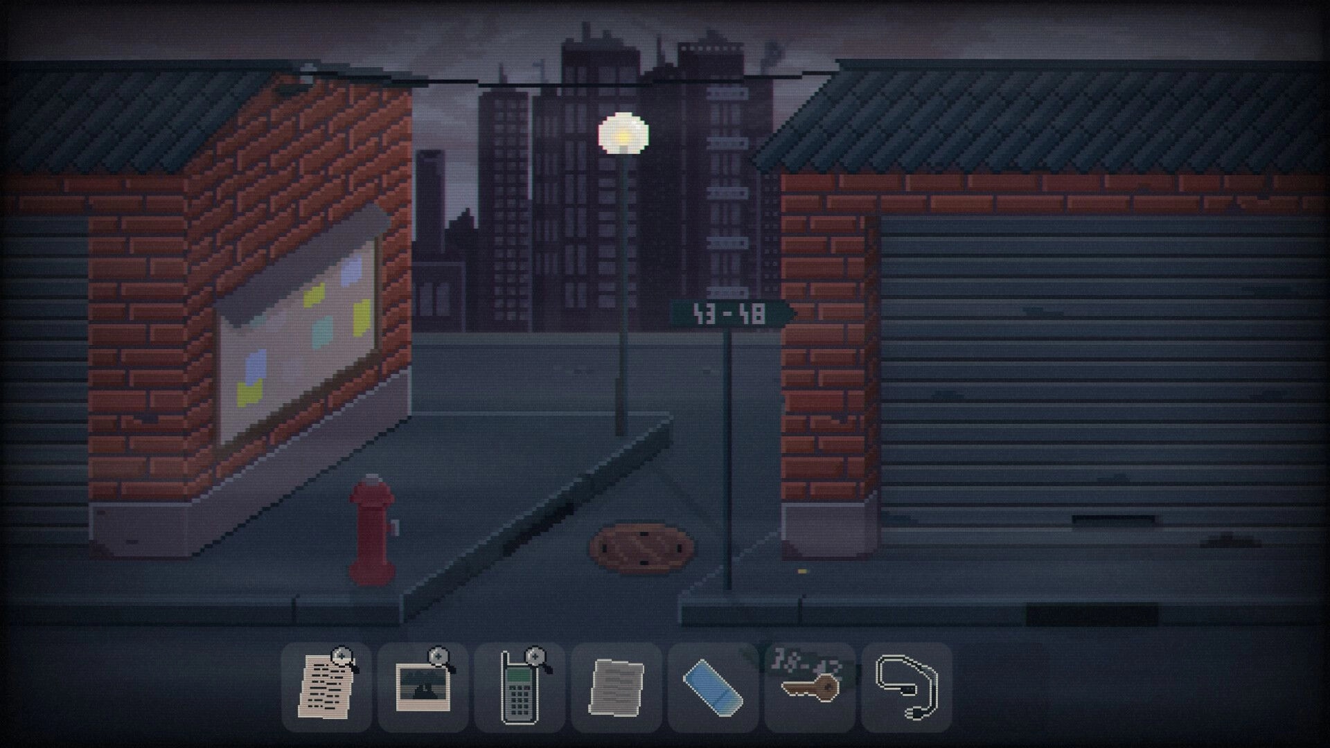 Ashwood Conspiracy: Urban alleyway at dusk, inventory bar with documents, phone, key, and tape displayed