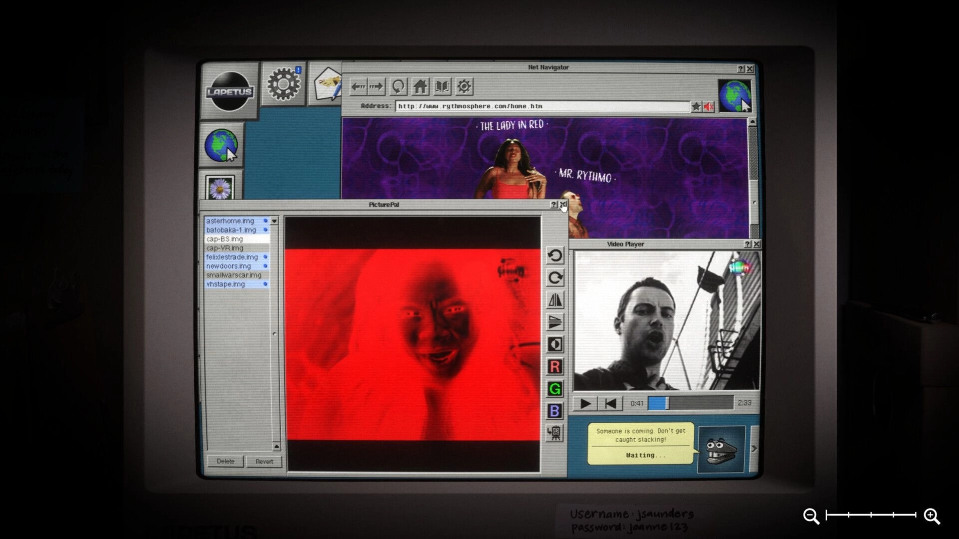 Aster Initiative: Stacked browser, image editor, and video player windows on a retro desktop screen.
