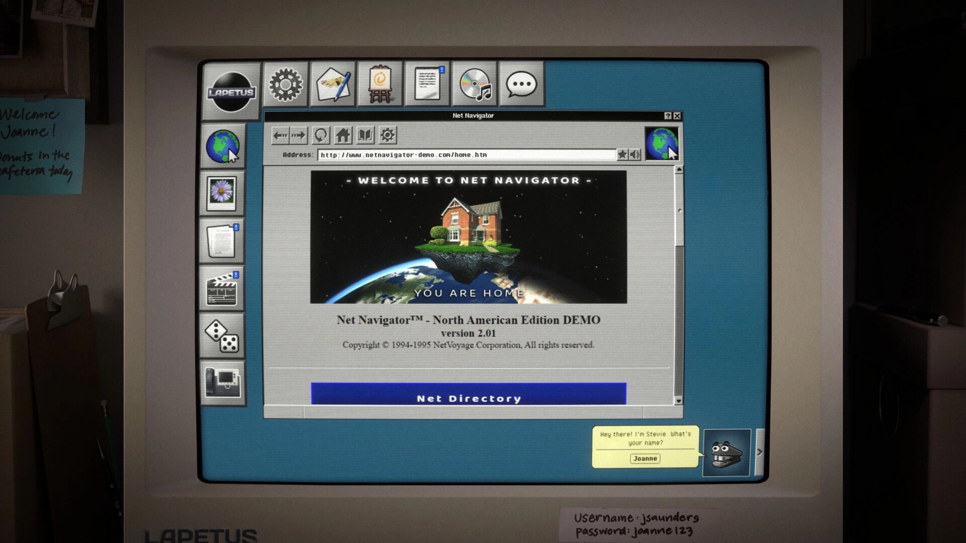 Aster Initiative: Net Navigator browser open with welcome page and chat prompt on a 90s desktop UI.