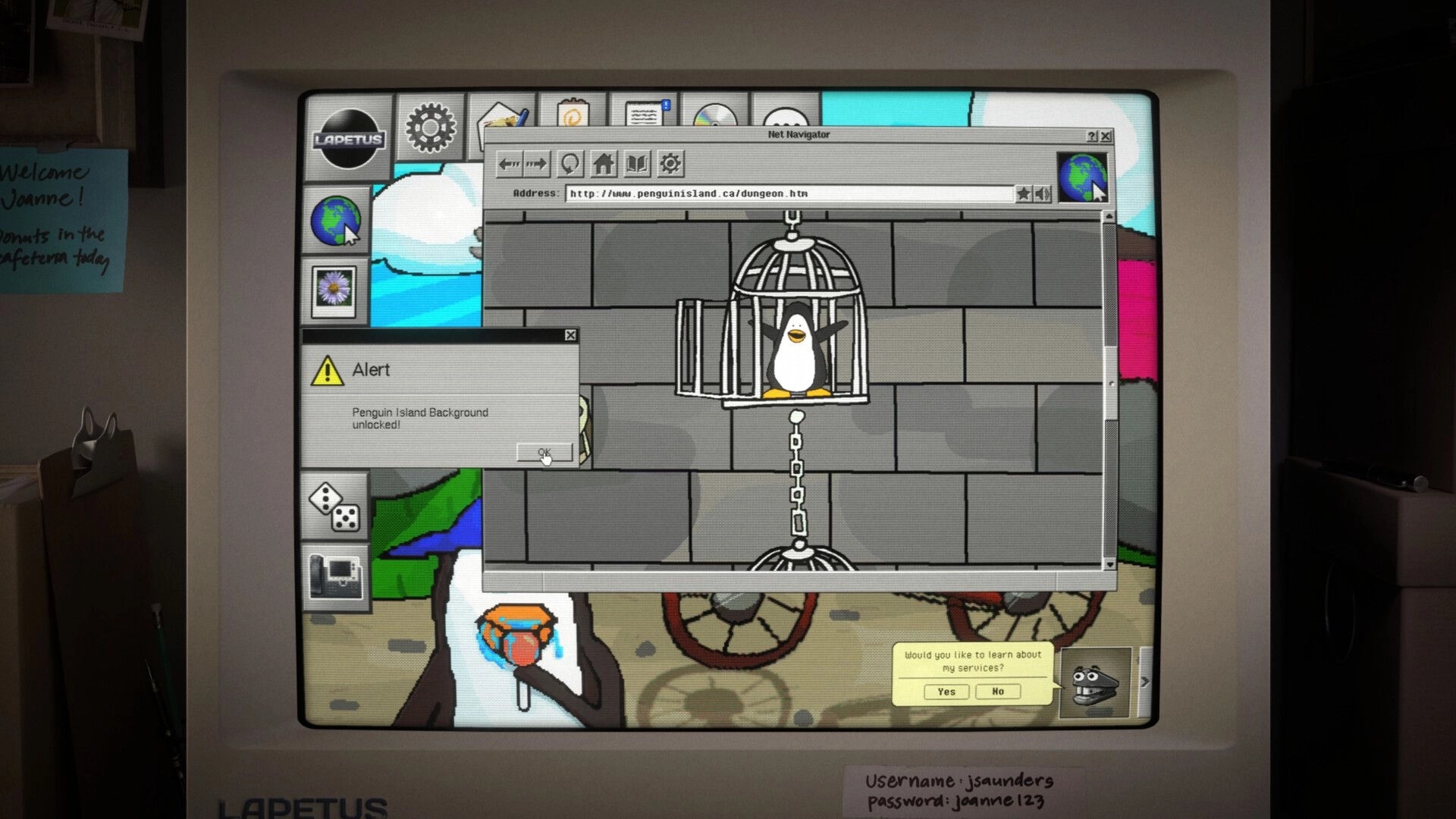 Aster Initiative: Browser puzzle with caged penguin and alert pop-up on a retro desktop screen.