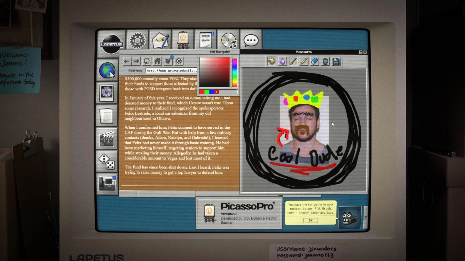 Aster Initiative: Web article beside PicassoPro doodling a crowned man on a retro desktop screen.
