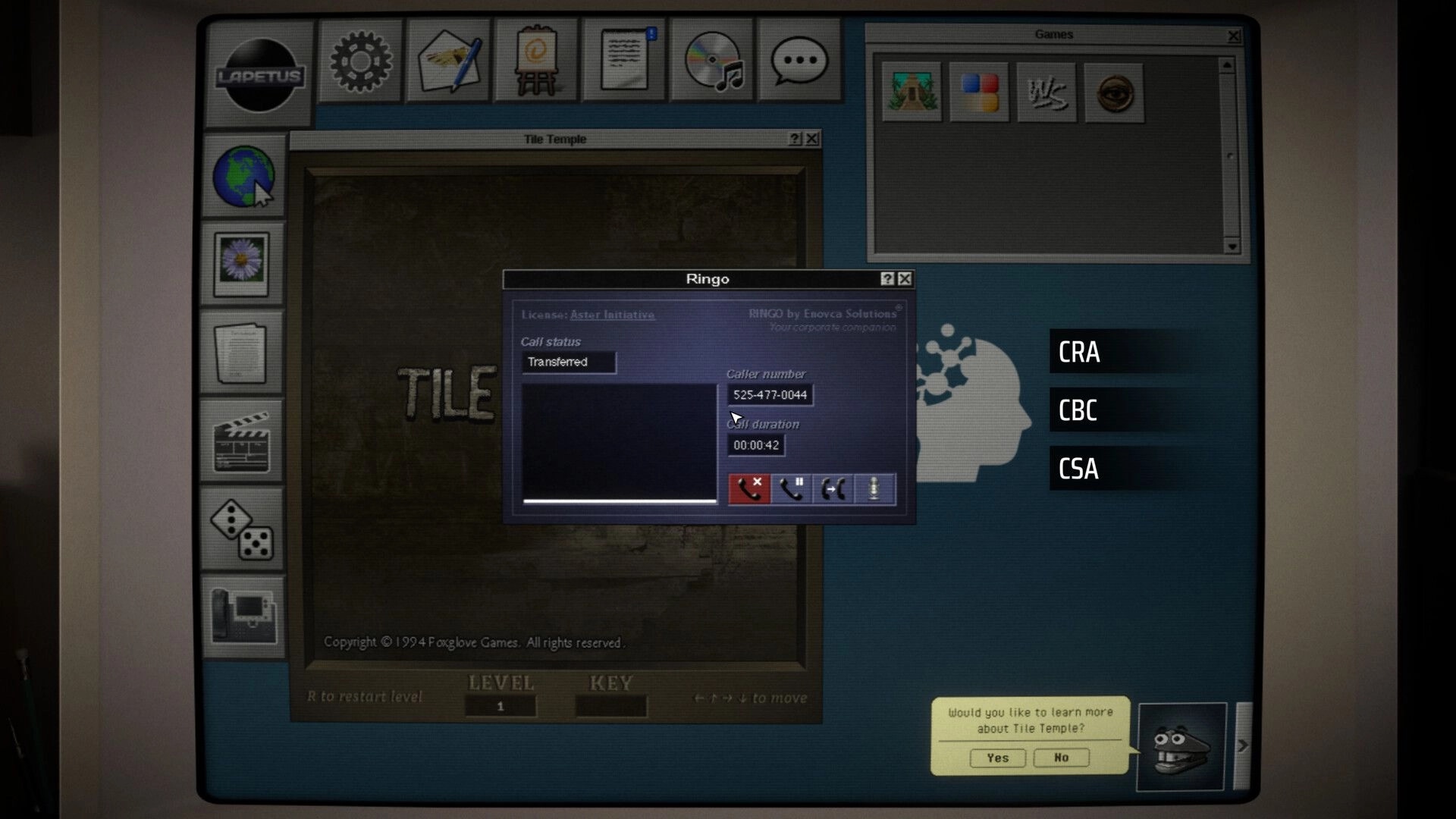 Aster Initiative: Ringo call window over Tile Temple game and desktop icons on a work computer screen.