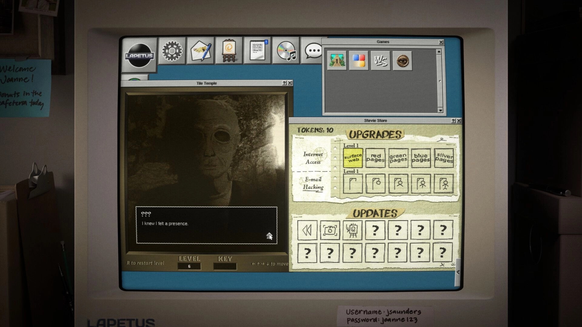 Aster Initiative: Retro desktop with Tile Temple horror dialog and upgrade store windows on monitor.