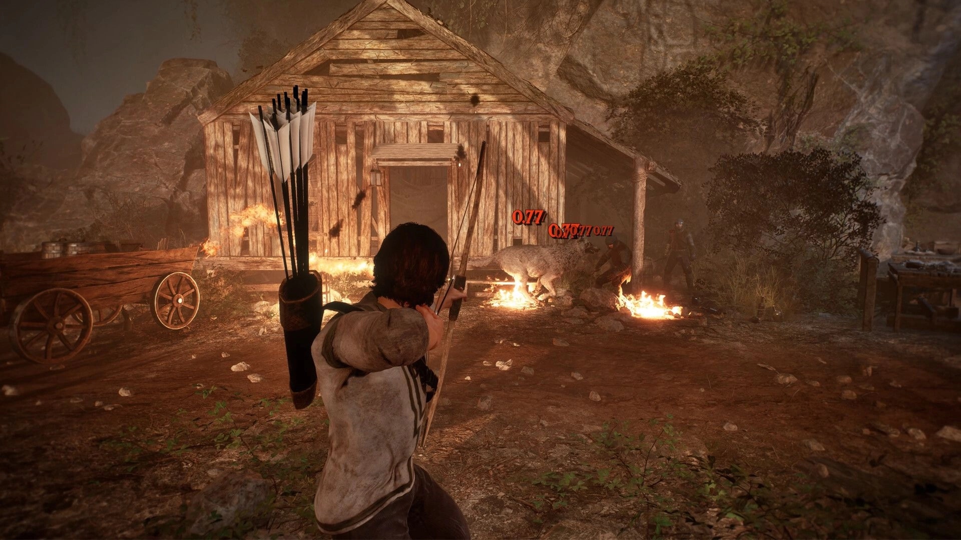 Asterfel: Archer aims bow at wolf as damage numbers pop up outside a burning wooden shack.