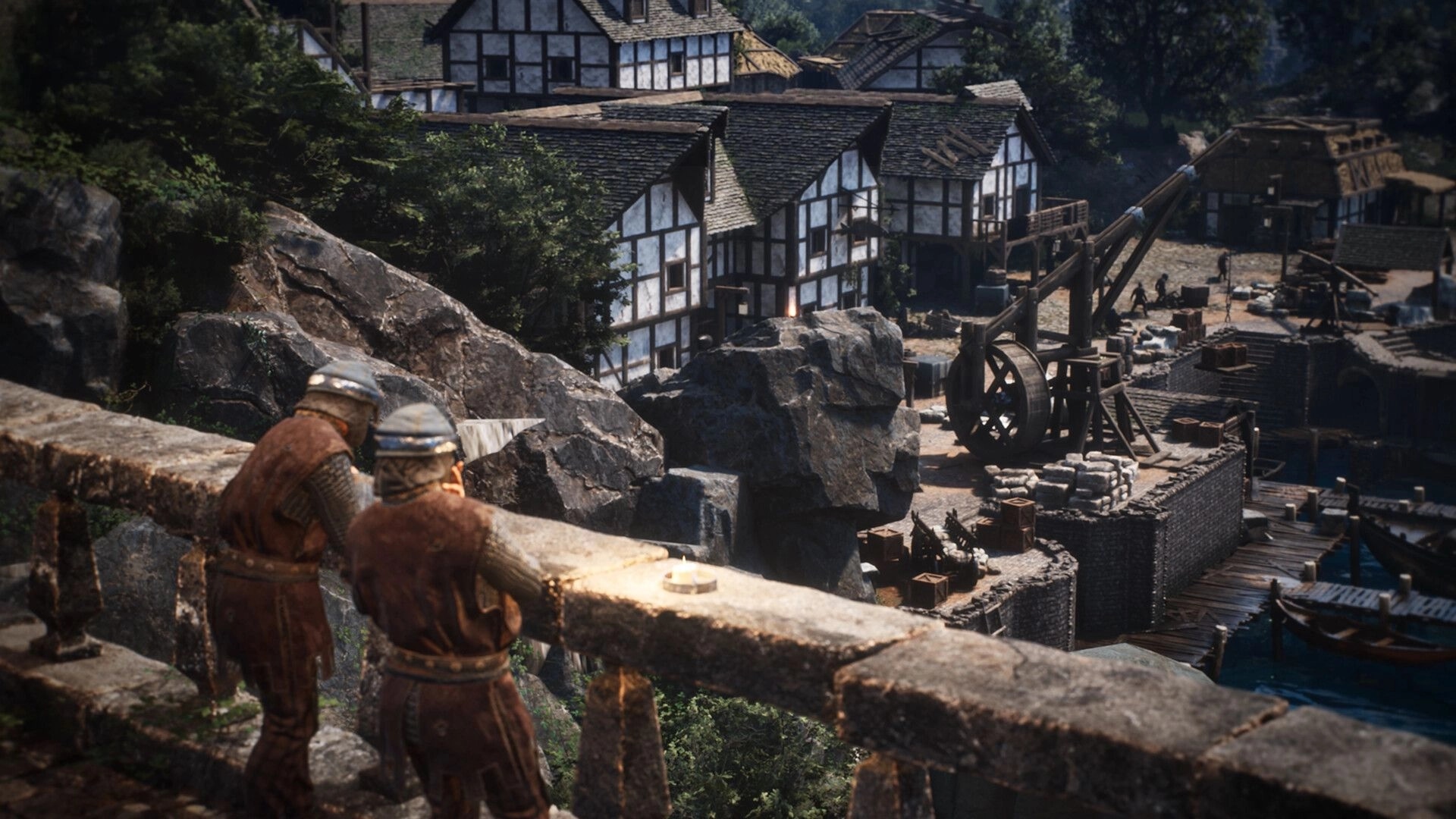 Asterfel: Two armored guards watch a harbor worksite with crane, crates, and timbered houses below.