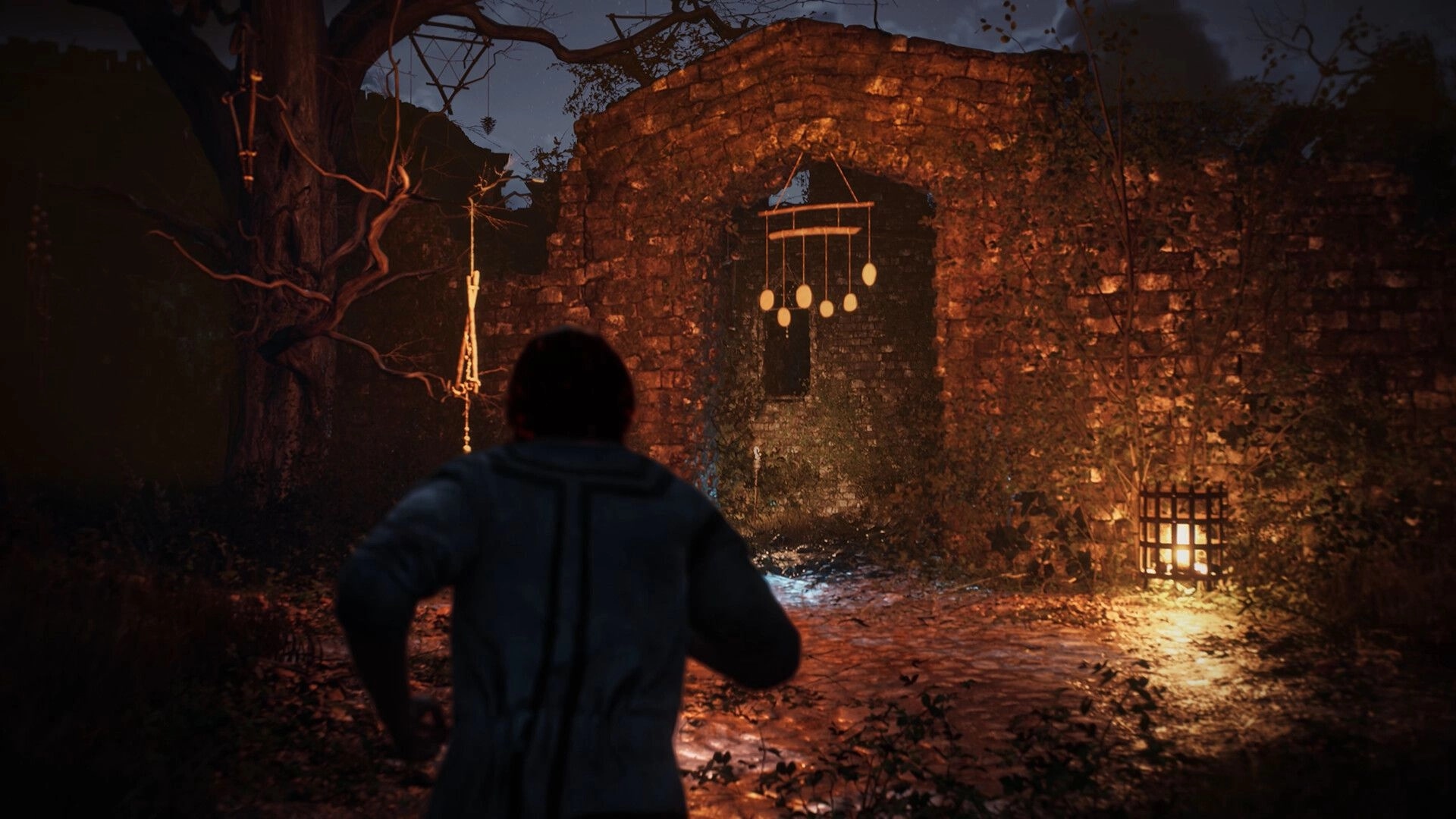 Asterfel: Third-person character runs toward a ruined stone arch with hanging charms at dusk in woods.