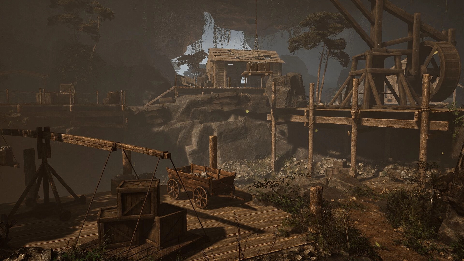 Asterfel: Abandoned mining camp with carts, crates, and a wooden lift on rocky cliffs at dusk.