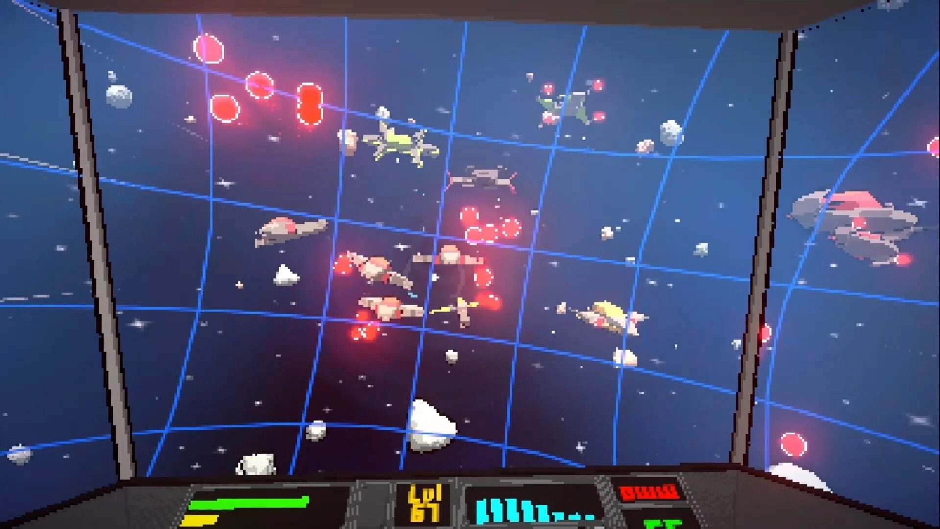 Asterobits: Space combat with enemy ships and asteroids on a grid, cockpit interface displaying health.