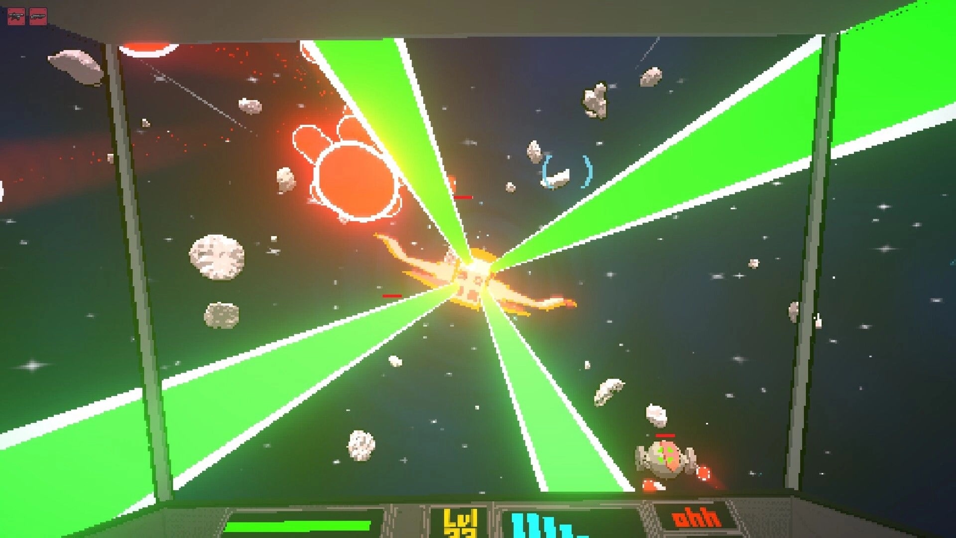 Asterobits: Spacecraft dodging asteroids with green laser beams in a cosmic battle setting
