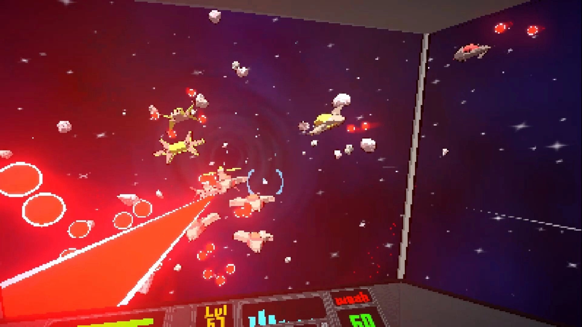 Asterobits: Spaceship battle against enemies with laser beams in asteroid-filled galaxy environment