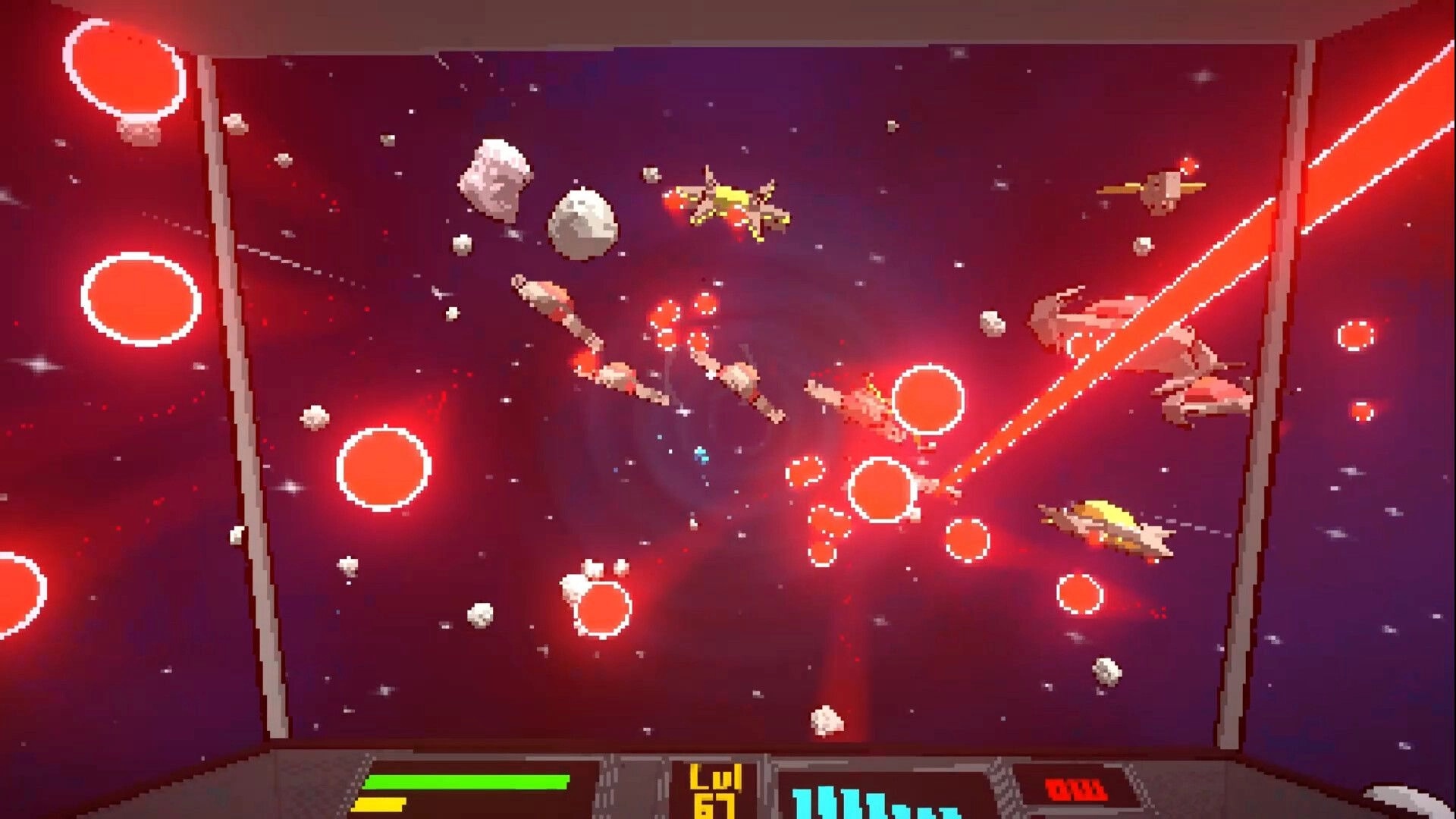 Asterobits: Space combat with enemy ships and asteroids, red lasers, and HUD displaying player level.