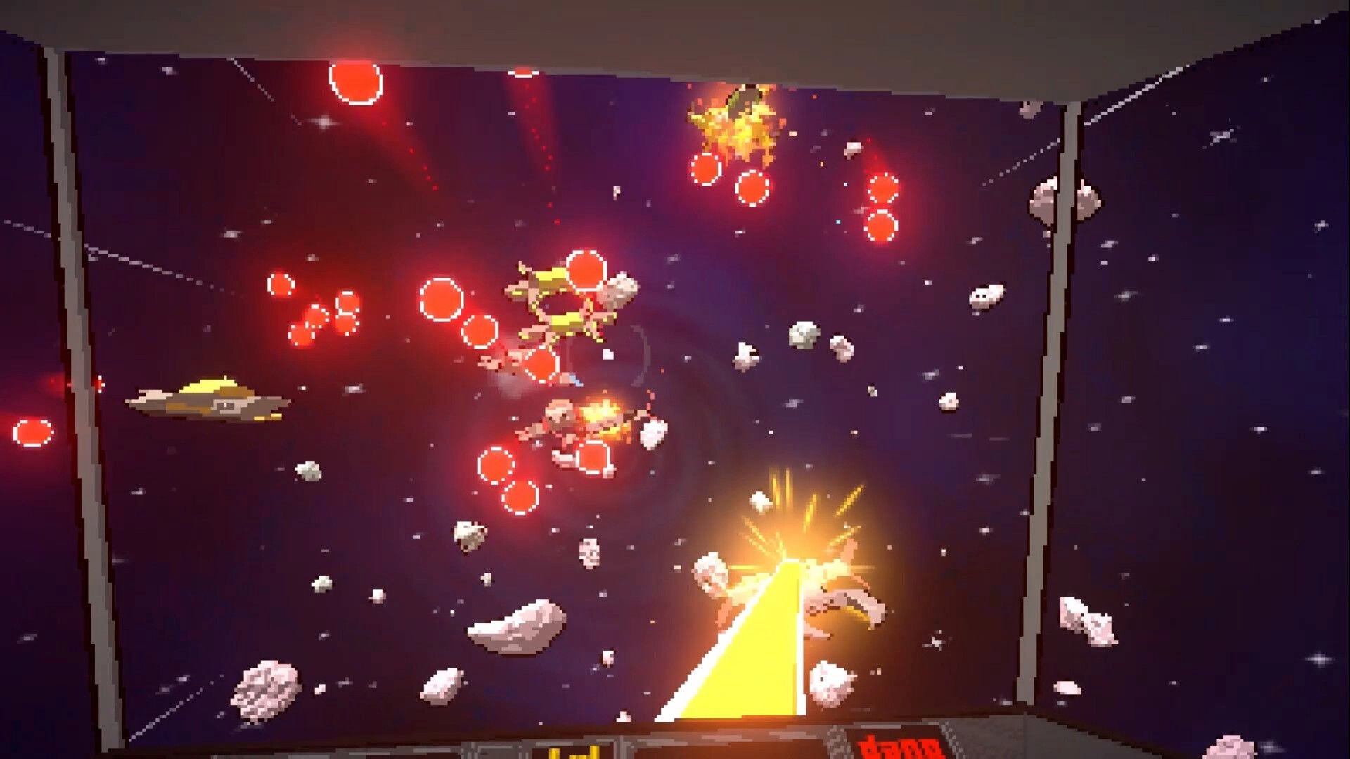 Asterobits: Spaceship battle amidst asteroids and red projectiles in deep space environment.