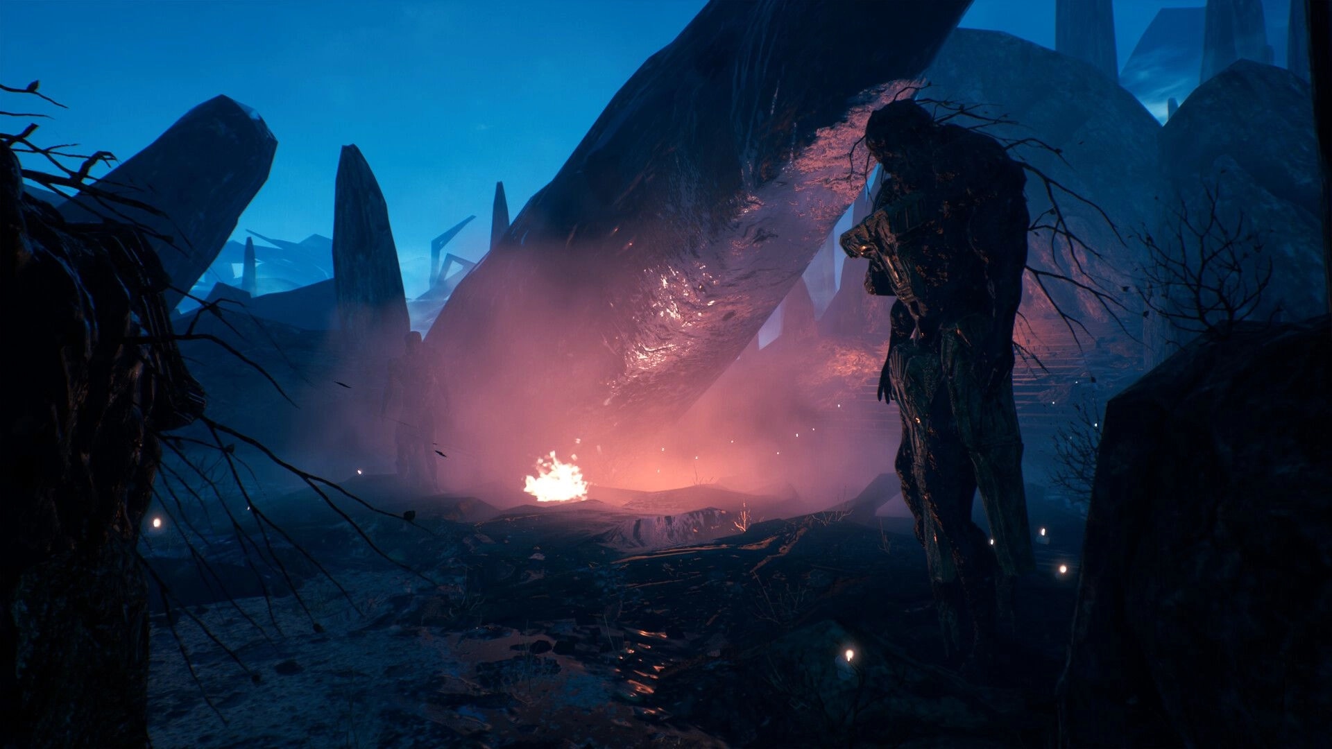 ASTHENIA: Armed figure stands by a glowing campfire under a massive arch in a foggy ruin.