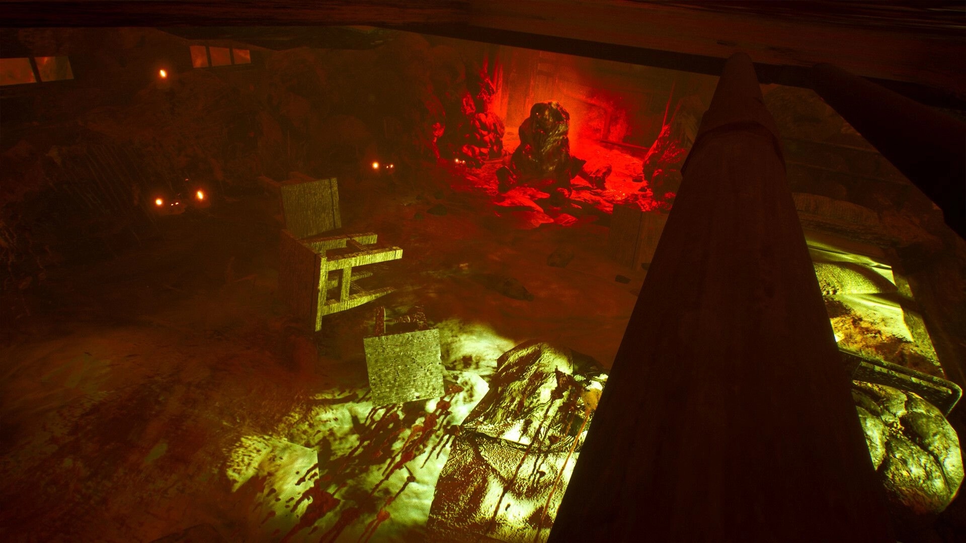 ASTHENIA: First-person view aiming a shotgun at fleshy, red-lit monsters in a smoky room.