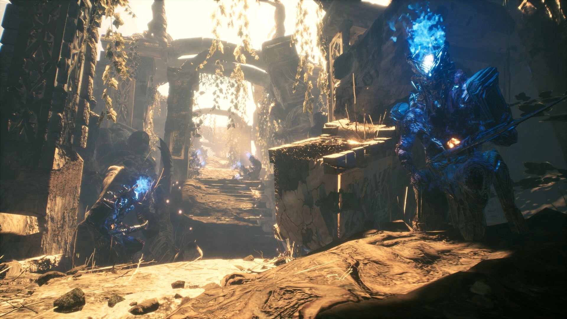 ASTHENIA: Blue-flamed armored figures guard a sunlit ruin corridor with broken arches and vines.