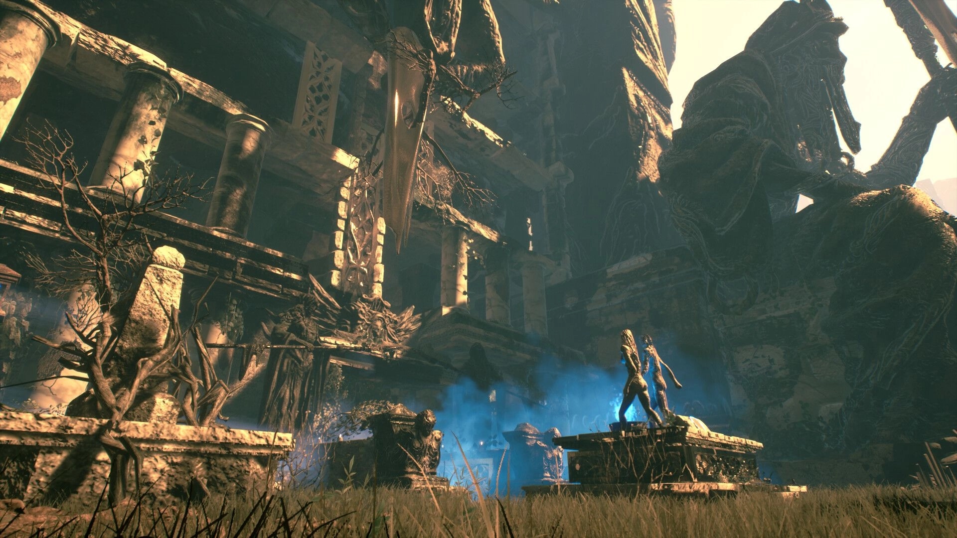 ASTHENIA: Exploring a ruined stone courtyard with blue fog, statues, and towering robed figure overhead.