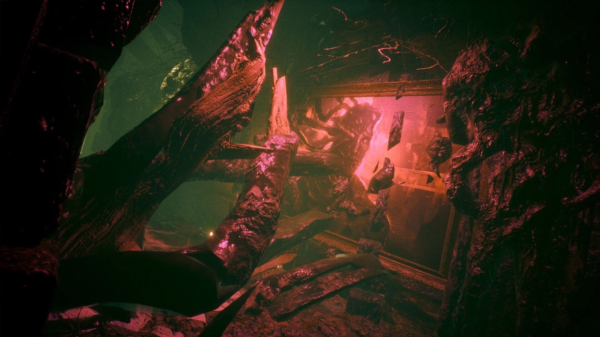 ASTHENIA: First-person view facing a glowing pink rift amid twisted fleshy ruins and debris.