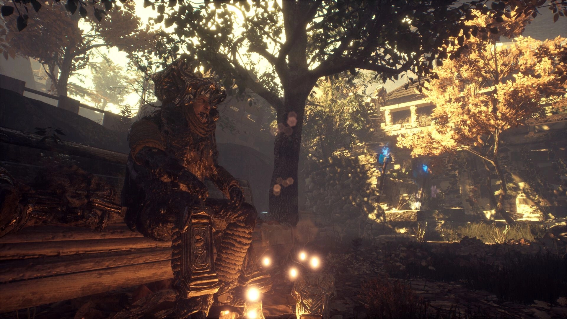 ASTHENIA: Armored figure resting on a bench in a sunlit garden with blue flames and ruins nearby.