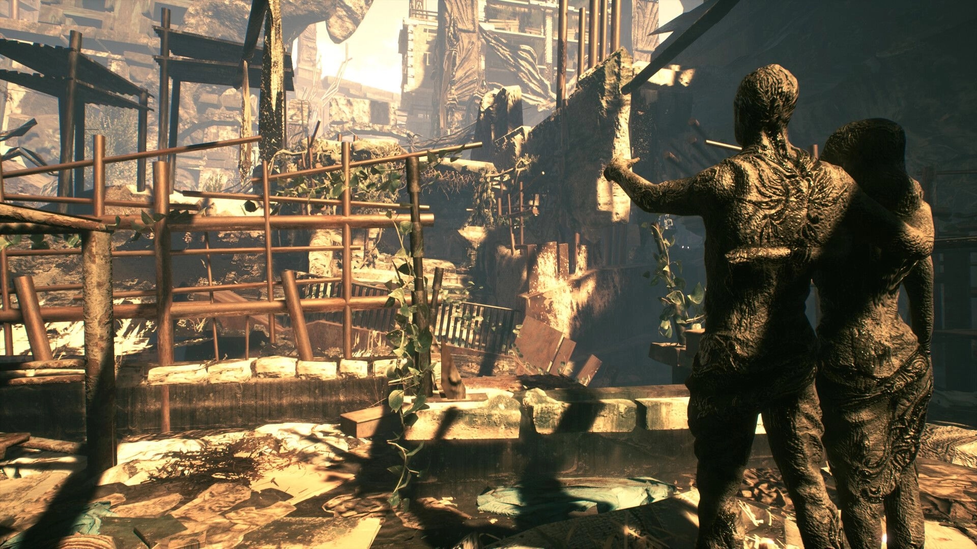 ASTHENIA: Two scarred humanoids embrace beside a rubble-strewn walkway in a ruined cityscape.