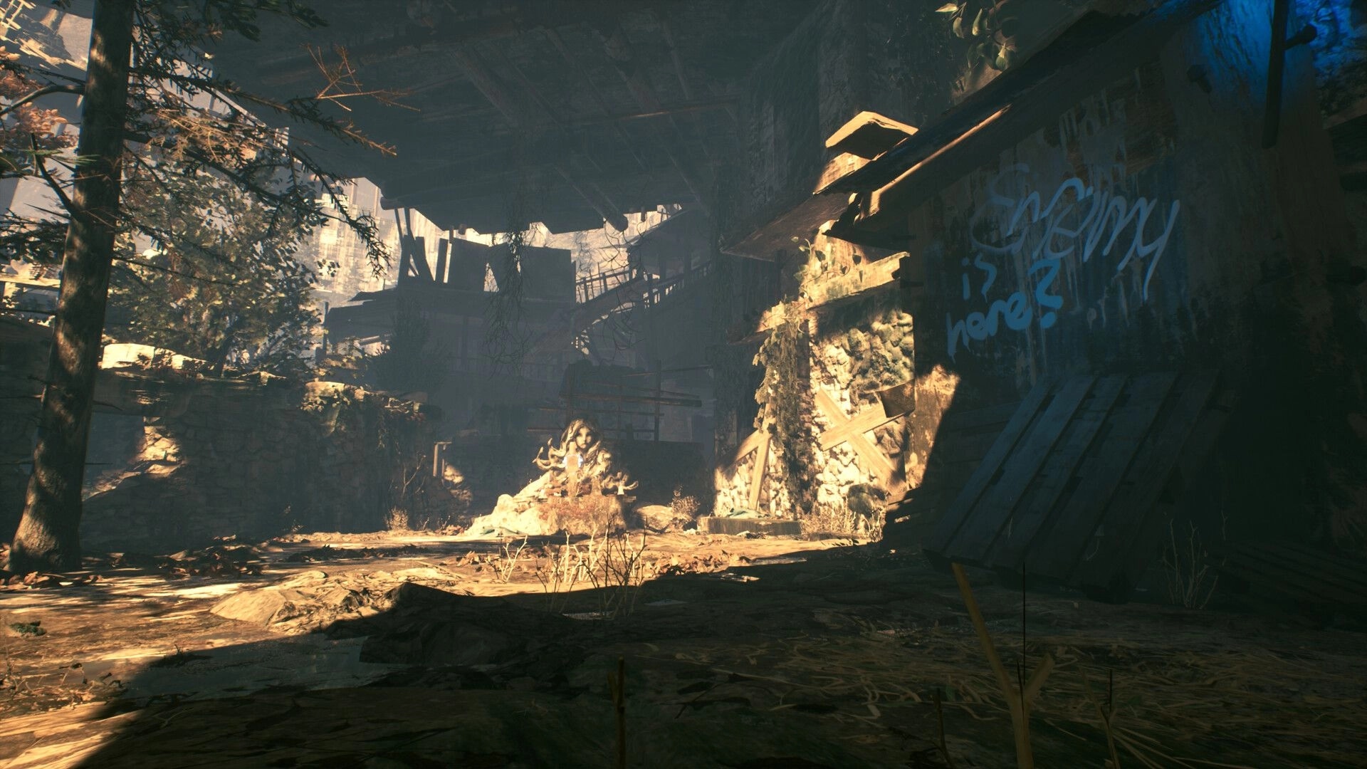 ASTHENIA: Exploring a sunlit ruined courtyard under collapsed beams, graffiti reads "enemy here?".