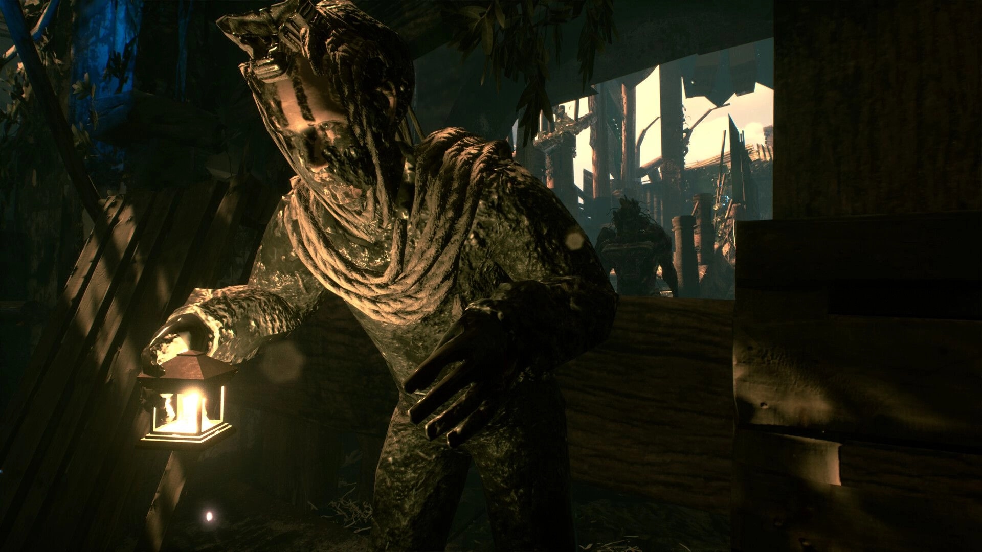 ASTHENIA: Hooded humanoid holding a lantern inside a ruined wooden shack with harsh backlight.