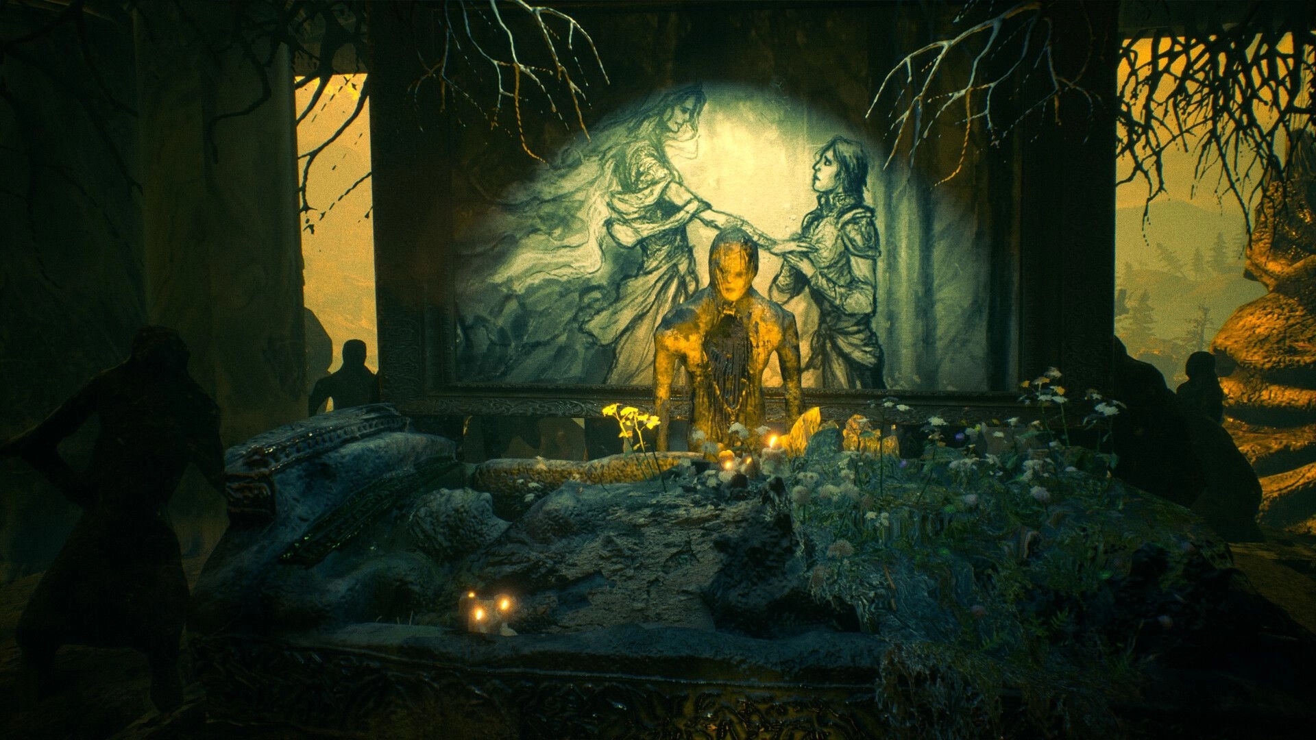 ASTHENIA: Glowing statue at a candlelit altar before a faded mural inside a ruined stone shrine.