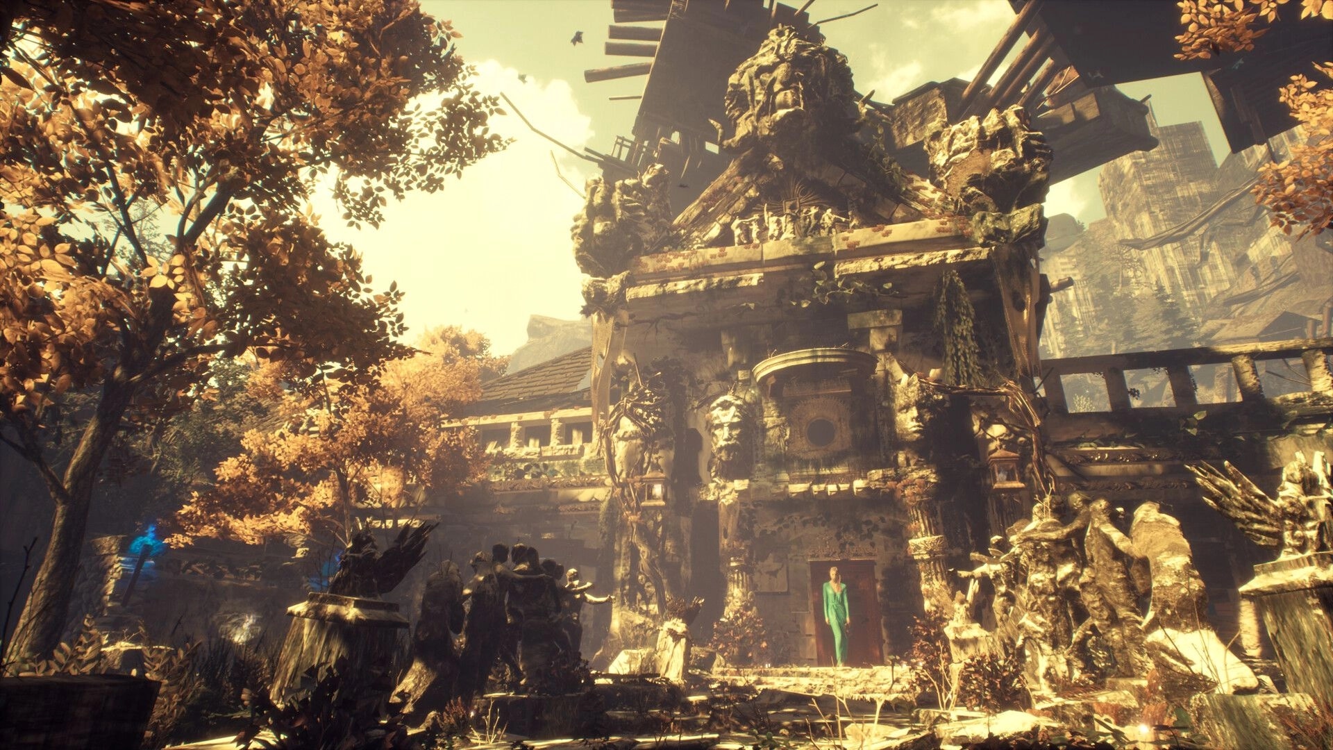 ASTHENIA: Lone figure at a ruined mansion entrance amid statues, rubble, and golden trees.