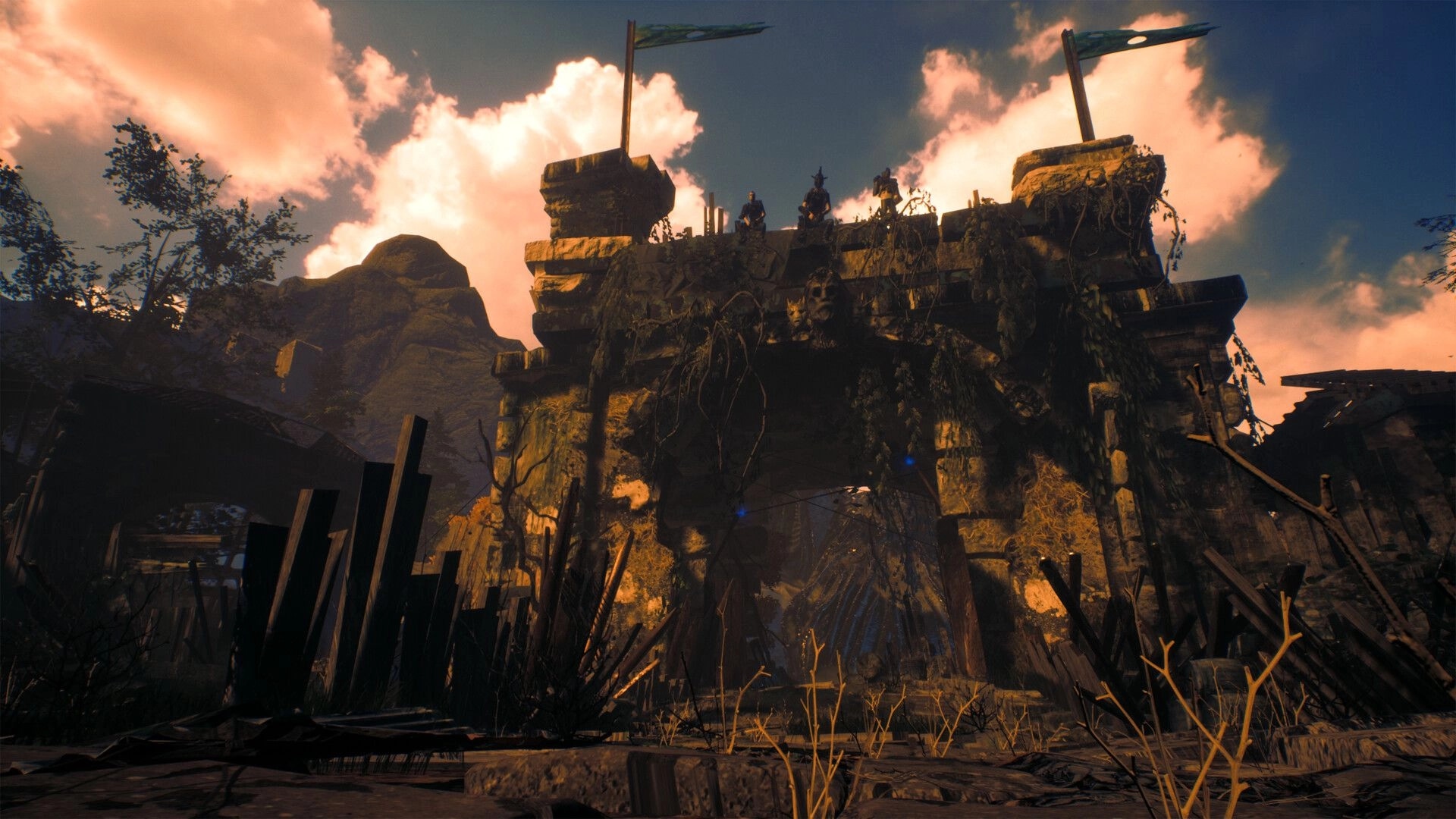 ASTHENIA: Ruined stone gate with skull carvings and flags, framed by debris under sunset clouds.